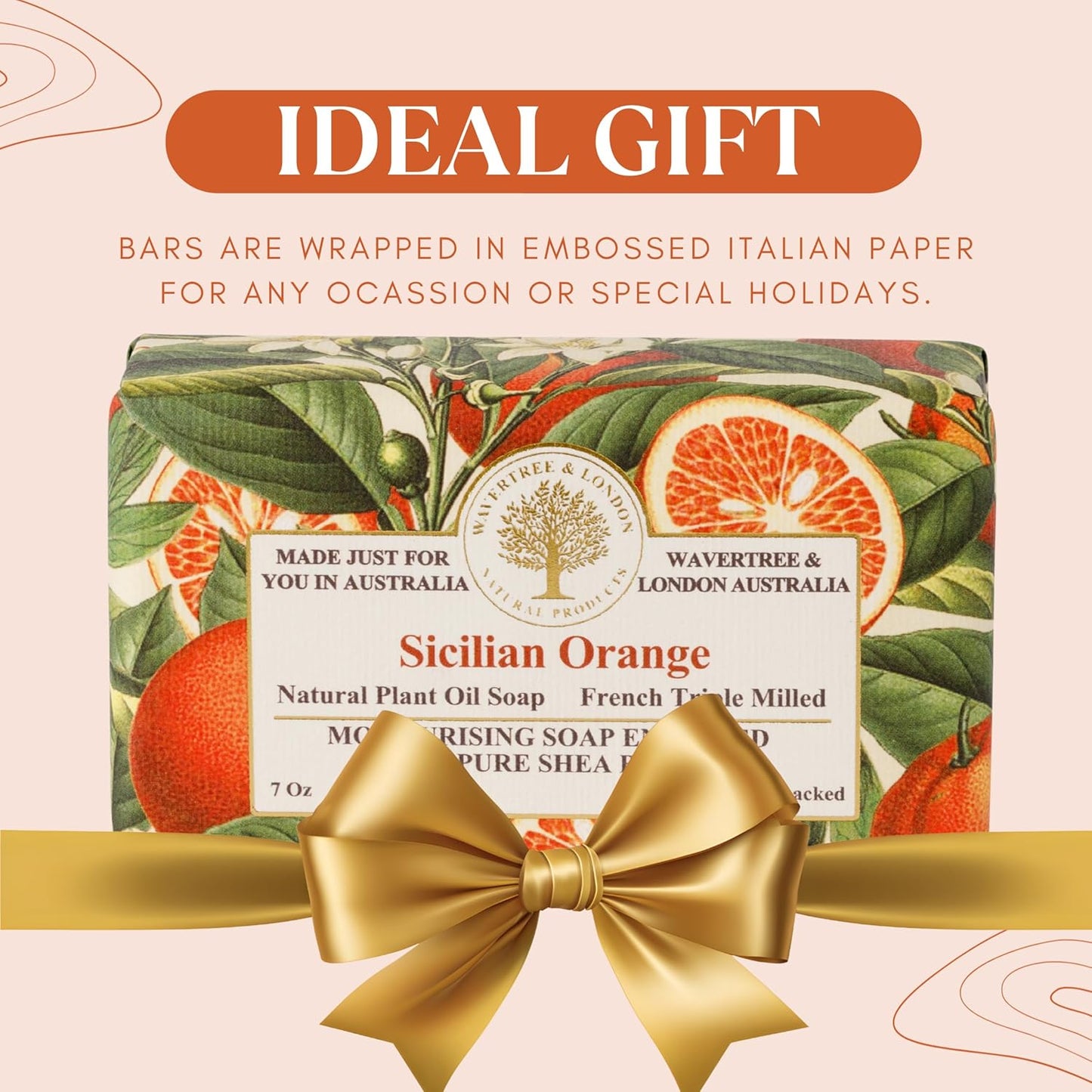 Wavertree & London Sicilian Orange Scented Natural Soap (2 Bars), 7oz Moisturizing French Triple Milled Soap Bars enriched with shea butter - Pure Plant Based Bath & Body Bars for All Skin Types