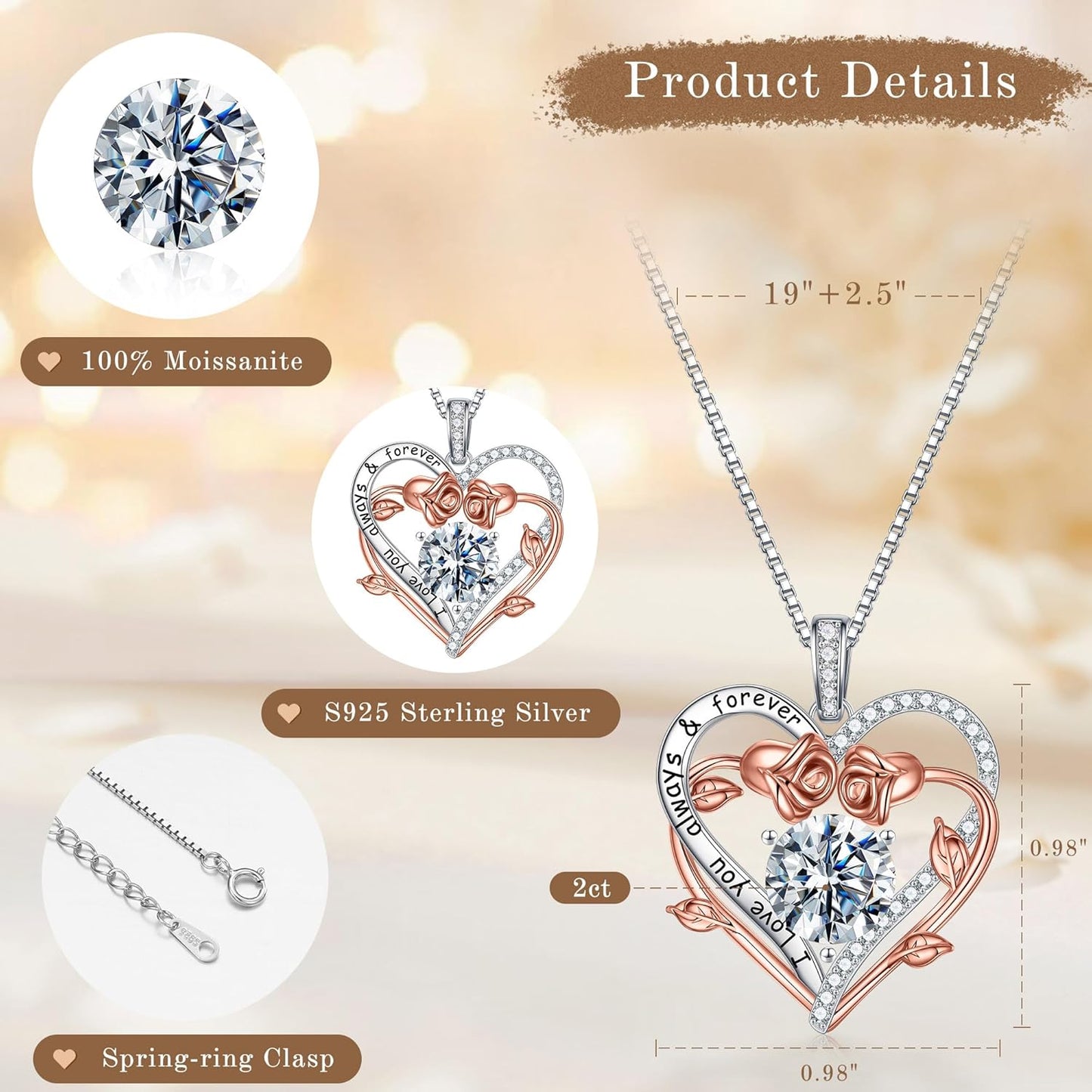 MOOSEA Gifts for Wife Mom - S925 Sterling Silver 1-3 ct D Color VVS1 Clarity Moissanite Necklace, Anniversary Birthday Gift for Her