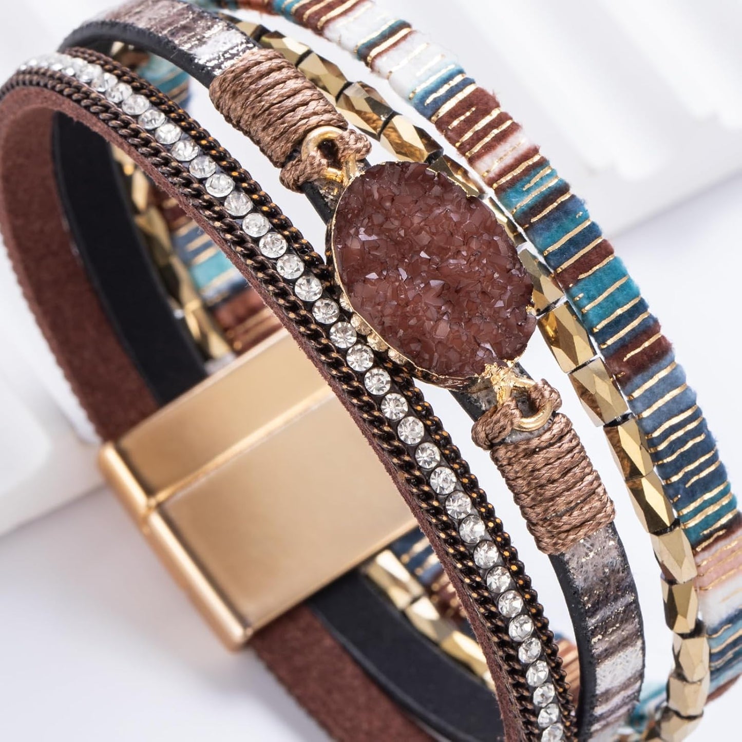 FANCY SHINY Leather Wrap Bracelet Boho Cuff Bangle Bracelets Crystal Bead Bracelet with Magnetic Clasp Jewelry Gifts for Women