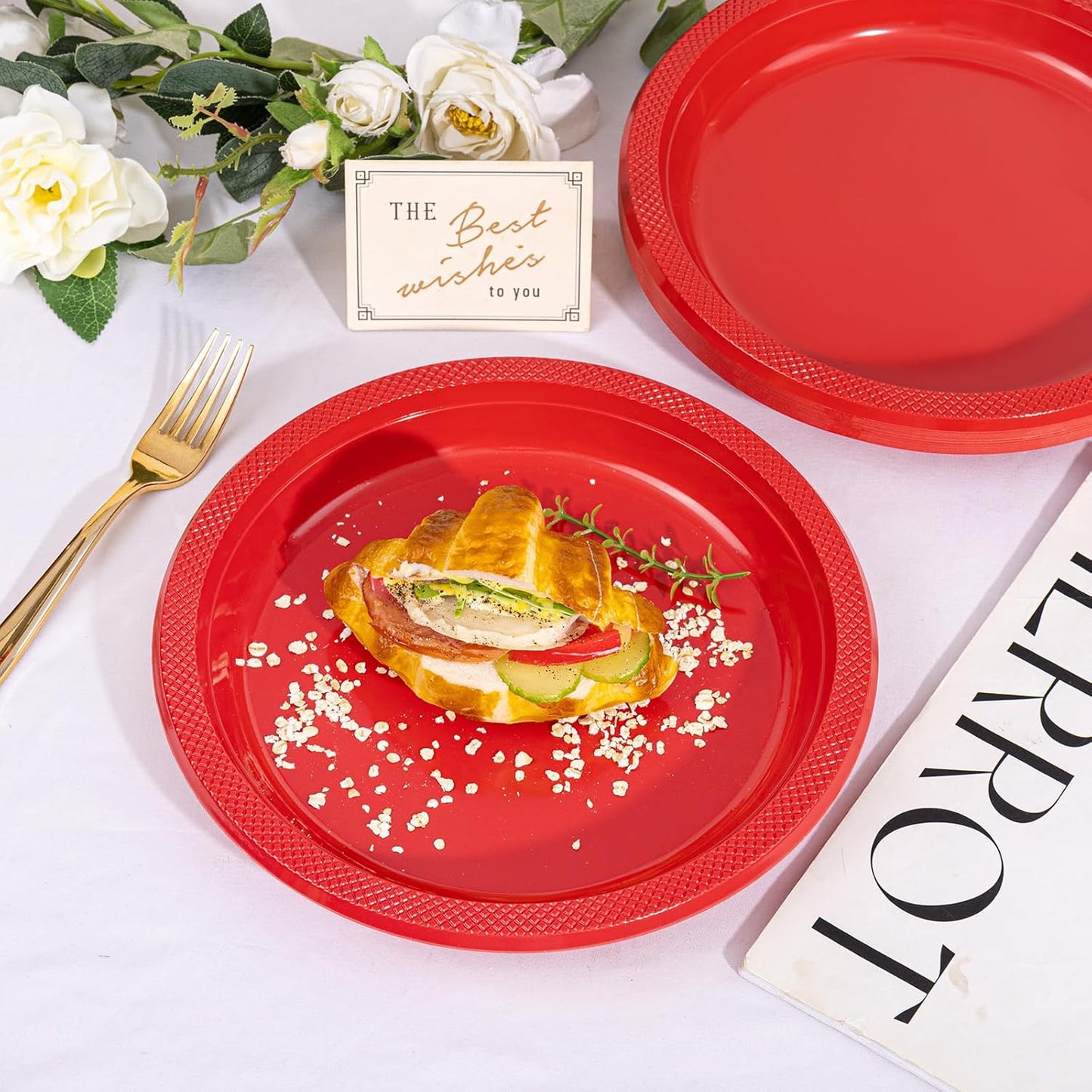 WELLIFE Red Party Plates 10 Inch -150 Count, Plastic Disposable Plates for Dinner Party Easter Mother's Day