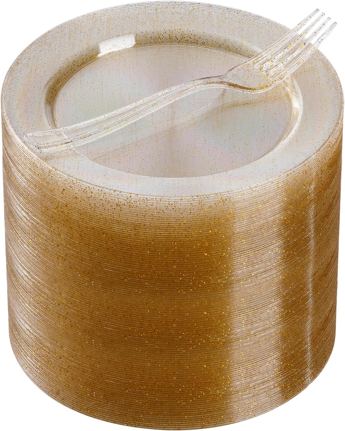 Goodluck 240PCS 7" Gold Glitter Dessert Plastic Plates with 7.4" Forks, Gold Appetizer Plates for 120 Guests, Including 120 Disposable Cake Plastic Plates and 120 Forks for Wedding/Birthday Party