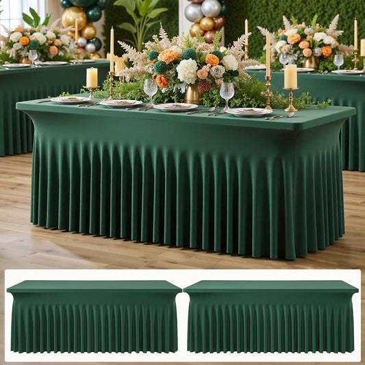2 pk Hunter Green Spandex Tablecloth for 6 Foot Rectangle Tables, Wrinkle Free Fitted Spandex Table Covers 6ft Green Stretch Table Cloths with Ruffle Skirt for Parties Weddings Banquet Baby Shower