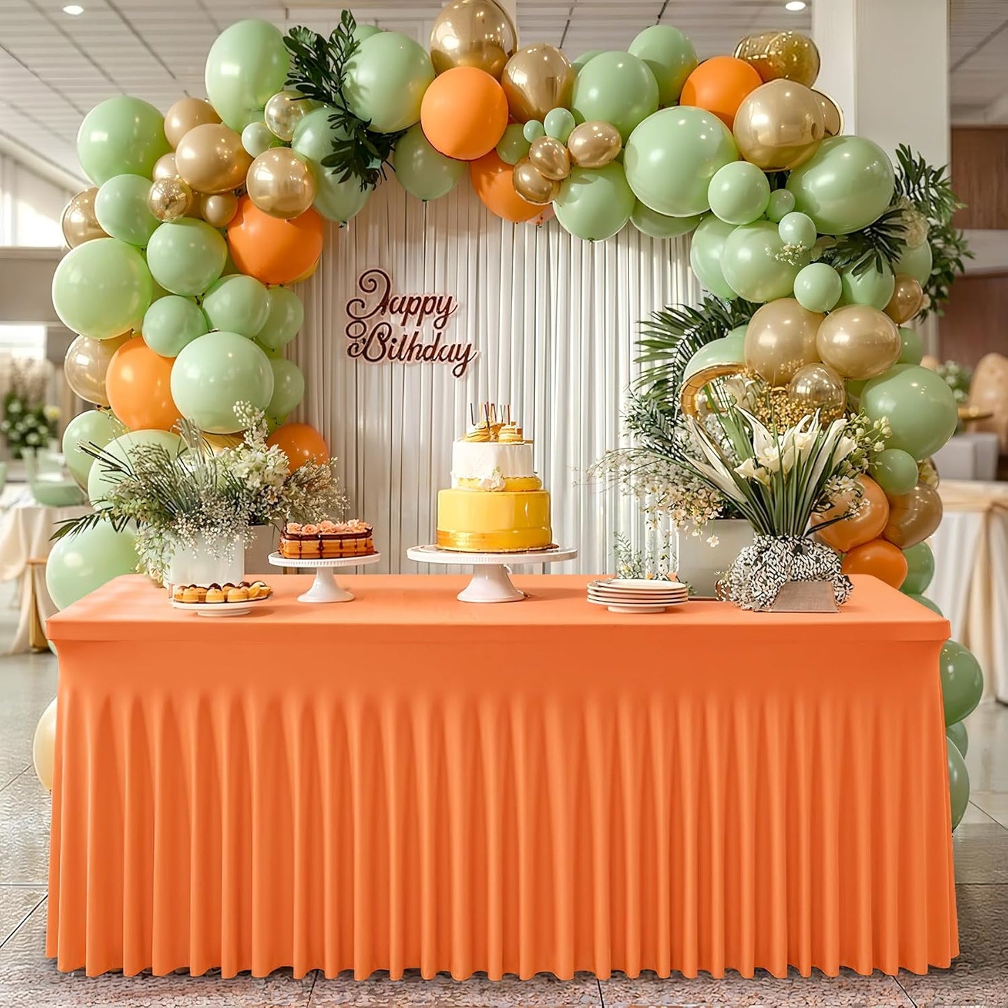 6 Packs Orange Table Clothes for 6 Foot Rectangle Tables, One-Piece Wrinkle Resistant Stretch Spandex Table Covers with Skirt for Event Banquet Wedding Birthday Party