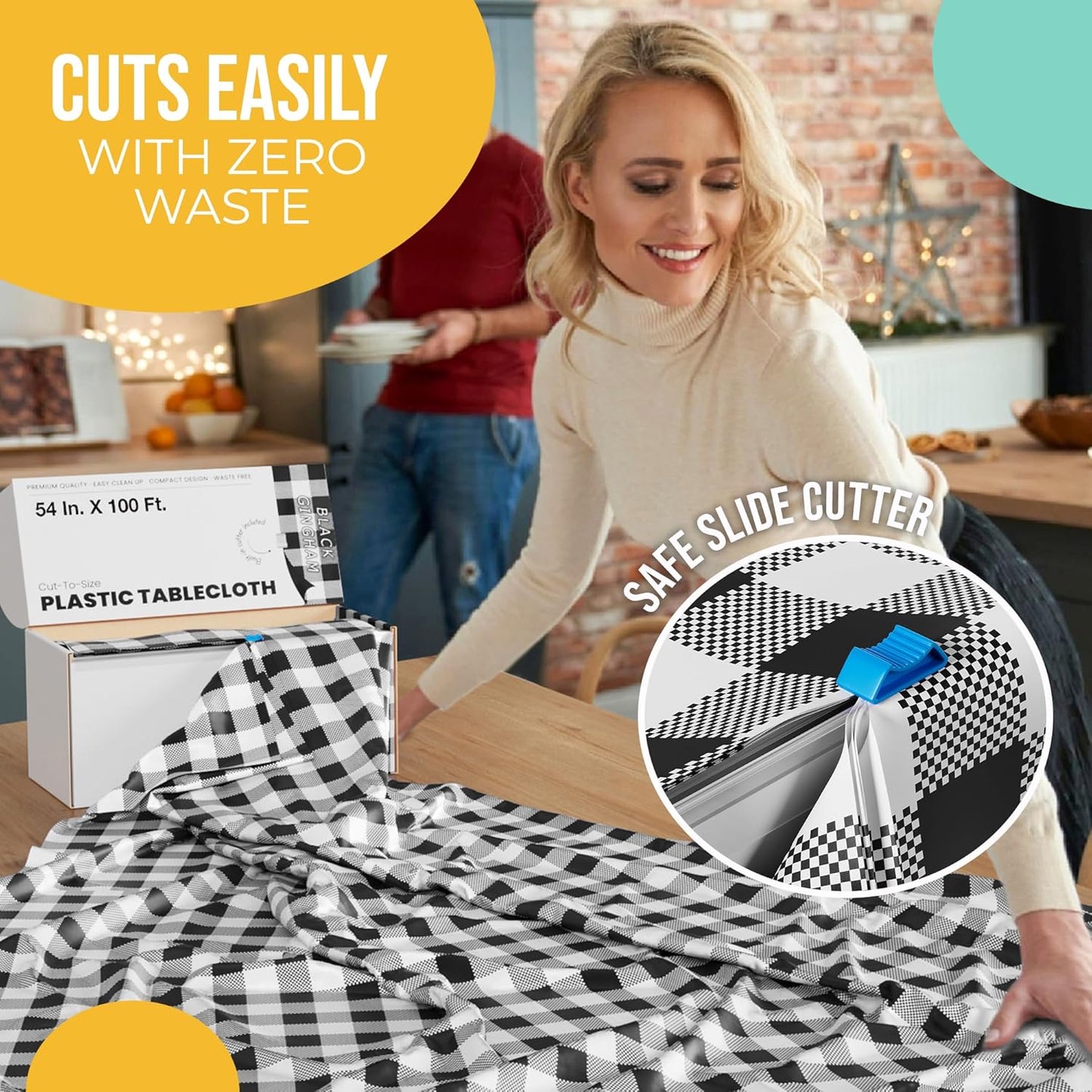 Party Solids 54 Inch X 100 Feet Black Gingham Plastic Table Cover Roll in A Cut - to - Size Box with Convenient Slide Cutter. Cuts Up to 12 Rectangle 8 Feet Plastic Disposable Tablecloths