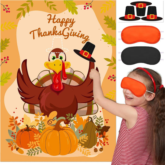 Upgraded, Fall Festival Games for Kids, Pin The Hat on The Turkey, Funny Thanksgiving Games, Classic Design, with Premium Poster, Reusable Stickers, Eye Mask, Ideal Friendsgiving Party Decorations