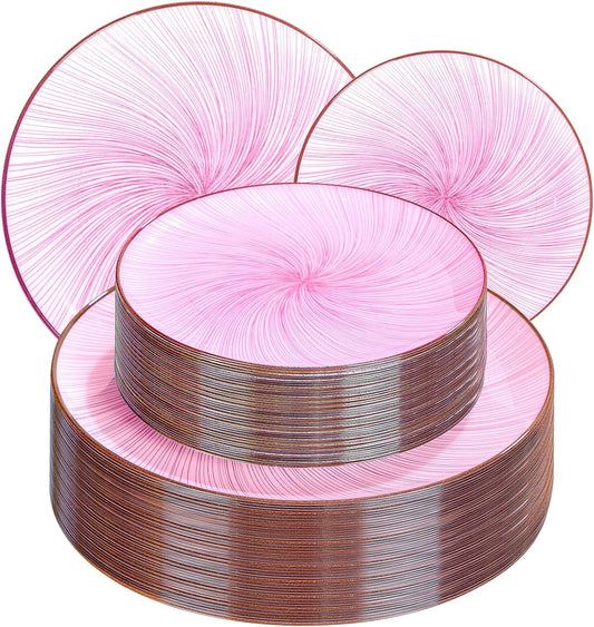 LIYH 60 Pcs Pink Plastic Combo Plates Set - Heavy Duty Pink Scalloped Plastic Disposable Plates for Party - 10.25" Dinner & 7.5" Dessert Plate 30 Guests