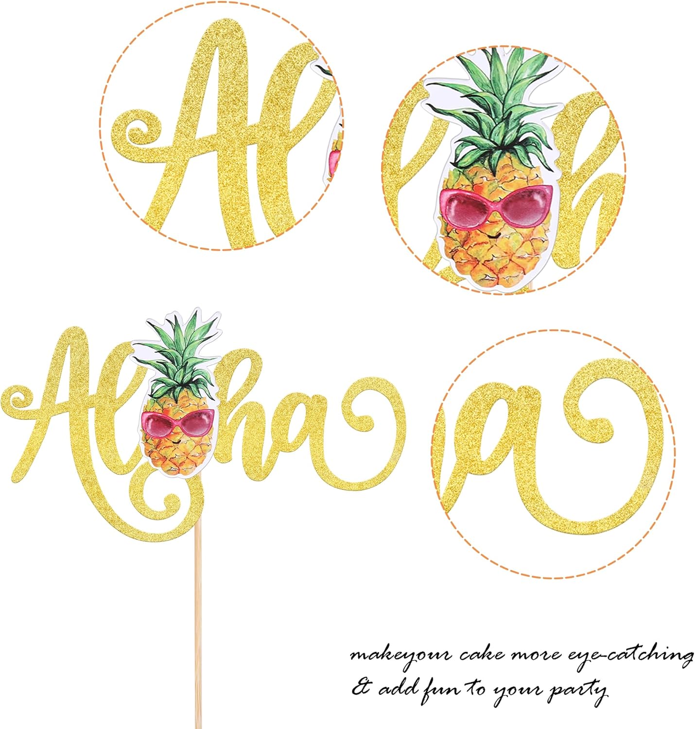 1 Pack Aloha Cake Topper Glitter Pineapple Summer Hawaiian Cake Pick Tropical Cake Decorations for Summer Baby Shower Aloha Hawaiian Theme Birthday Party Supplies Gold
