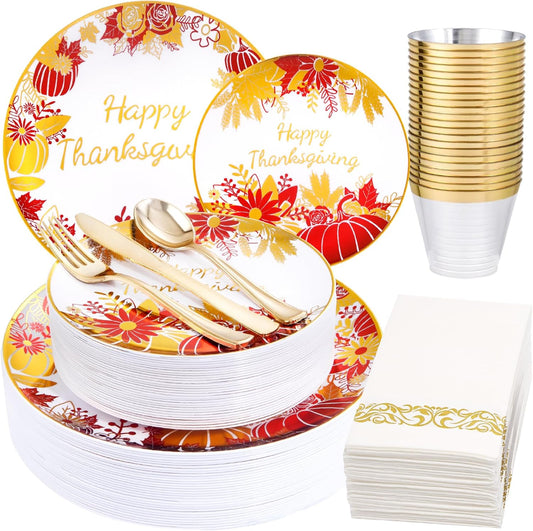 I00000 210Pcs Thanksgiving Plates Red and Gold Plastic Plate Dinnerware Set for 30 Guests Include 10.25" Dinner & 7.5" Dessert Plates, Pre Rolled Silverware Set, Cups for Party & Thanksgiving