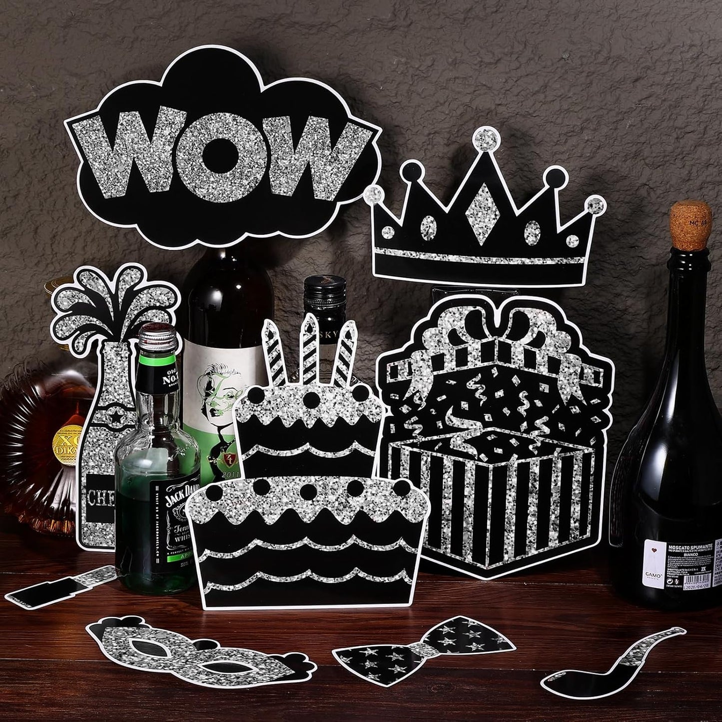 36PCS Silver and Black Photo Booth Prop, Party Photo Booth Props for Photoshoot Birthday Party Photobooth New Year Graduation Anniversary Halloween