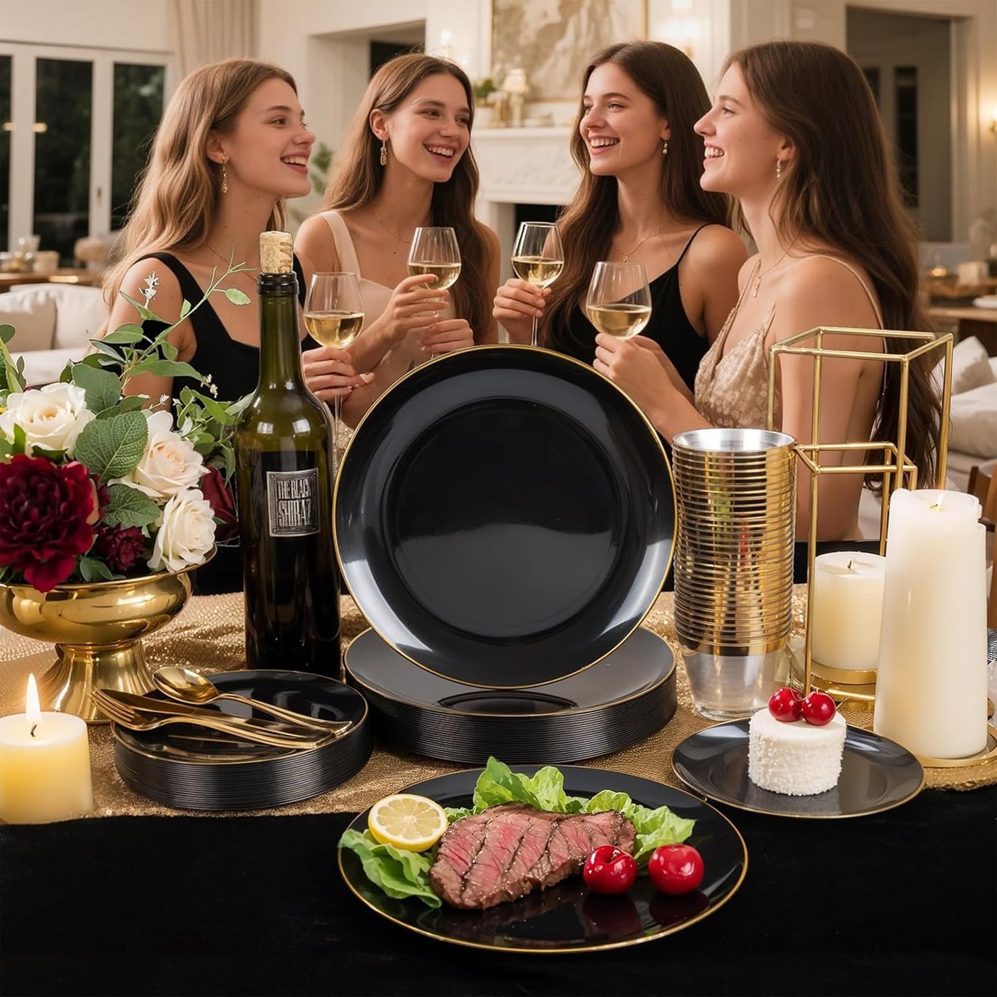 WDF 300PCS Black and Gold Plates - Black Plastic Plates for Party - 50guest Disposable Dinnerware Sets for Party/Wedding/New Year