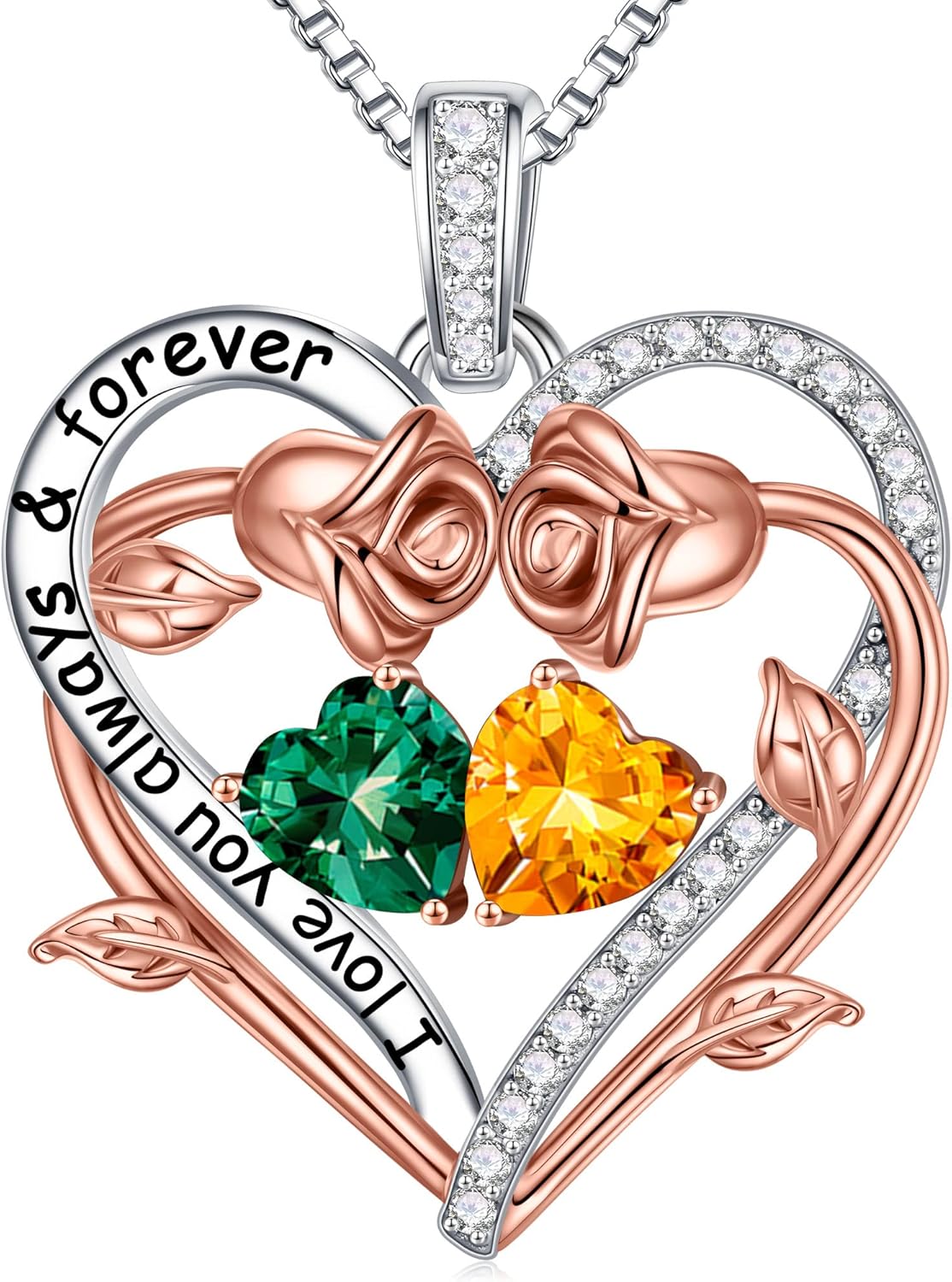 Iefil Rose Heart Double Birthstone Necklace Gifts for Wife Her Mom Women, Birthstone Jewelry Gemstone Birthday Gifts for Girlfriend Grandma Her Wife Women