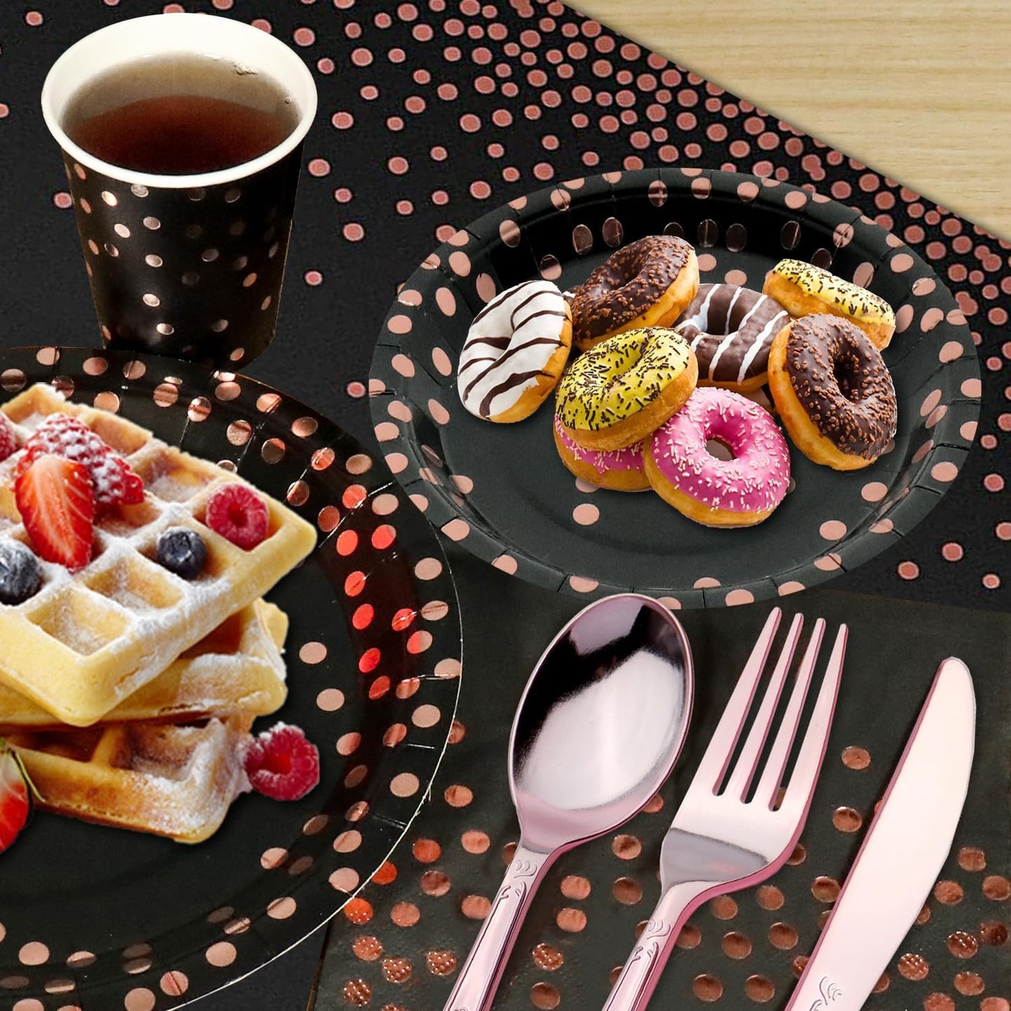 176 Pieces Gold Disposable Party Dinnerware Set &Golden Dot Disposable Party Dinnerware - Black Paper Plates Napkins Cups, Gold Plastic Forks Knives Spoons (25 Guests,176 Pieces)