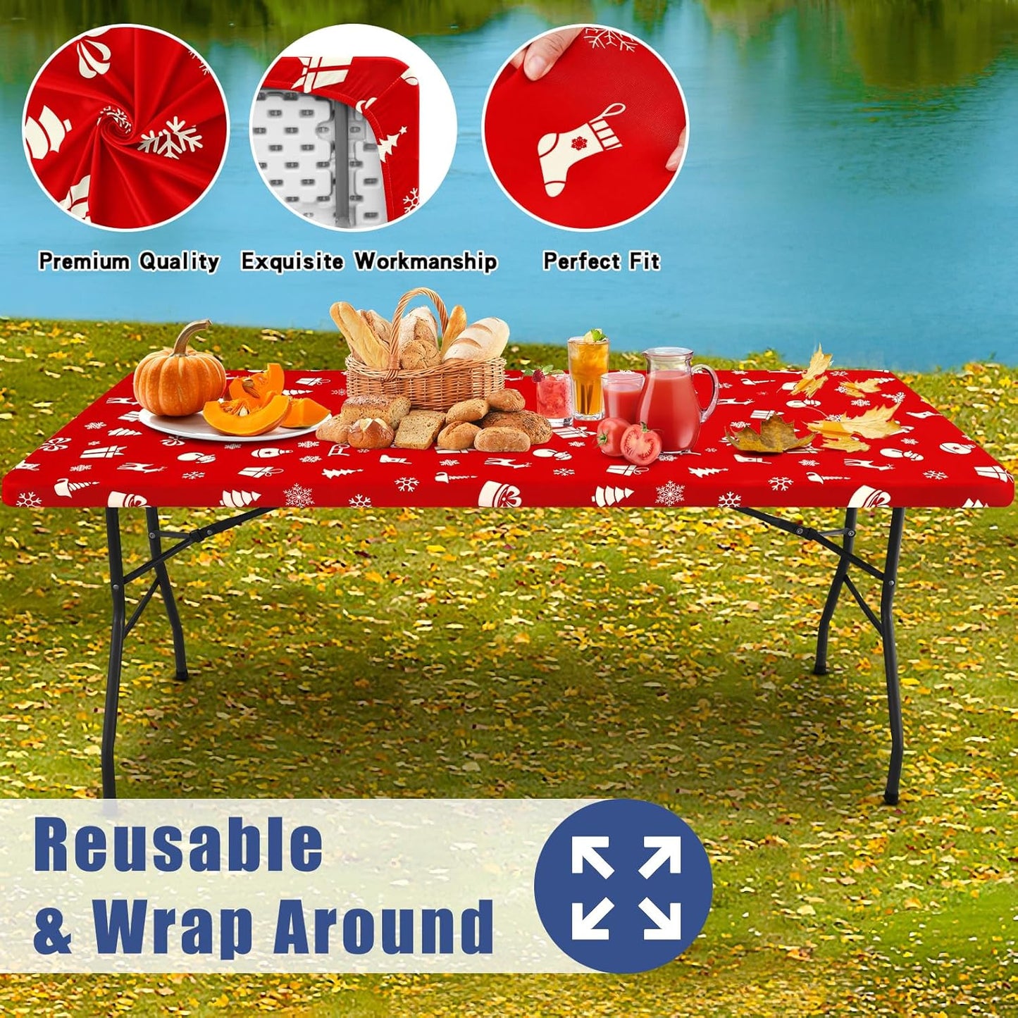 Spandex 8 Foot Rectangle Christmas Table Cloth 2 Pack, Elastic Fitted Tablecloths for Picnic, Stretch Washable Patio Table Cover for Christmas Dinner (Box Snowflake, 30"x96")