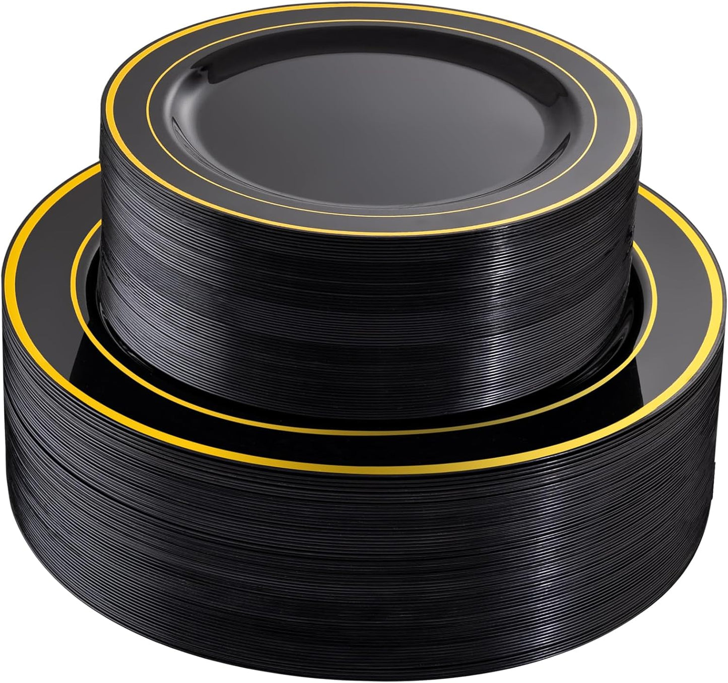 FLOWERCAT 100PCS Black and Gold Plates - Heavy Duty Black Plates Disposable for Halloween Party/New Year - Include 50PCS 10.25inch Dinner Plates - 50PCS 7.5inch Dessert Plates