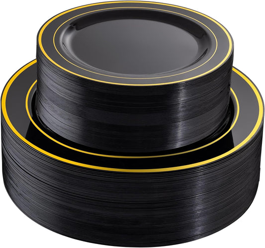 FLOWERCAT 100PCS Black and Gold Plates - Heavy Duty Black Plates Disposable for Halloween Party/New Year - Include 50PCS 10.25inch Dinner Plates - 50PCS 7.5inch Dessert Plates
