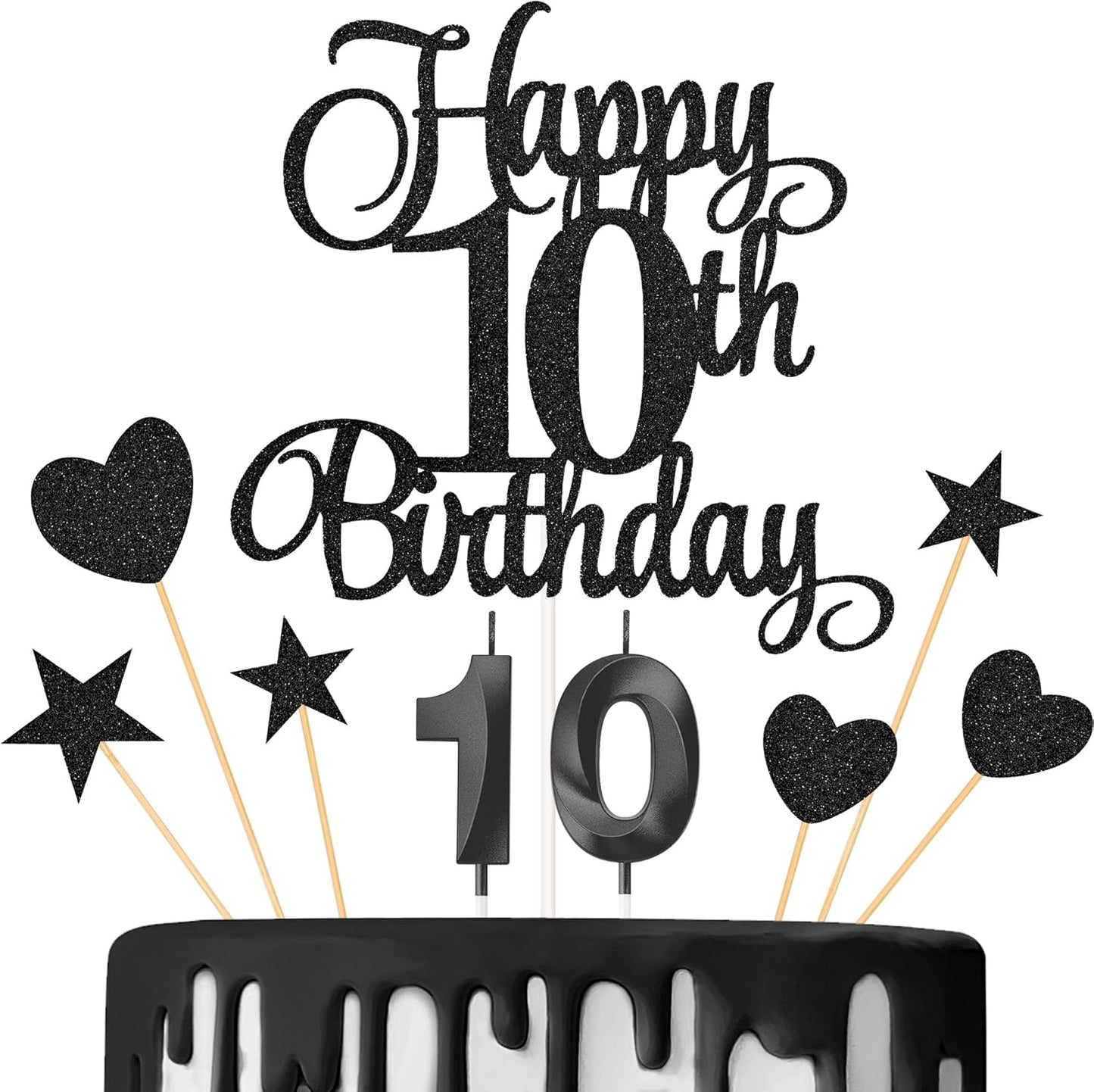 10th Birthday Cake Decorations, 10th Birthday Candles Cake Numeral Candles and Glitter Happy 10th Birthday Cake Toppers Set for Birthday Party Supplies (Black)