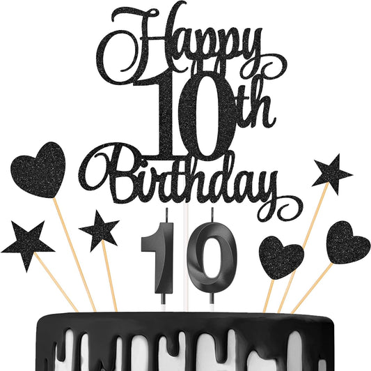 10th Birthday Cake Decorations, 10th Birthday Candles Cake Numeral Candles and Glitter Happy 10th Birthday Cake Toppers Set for Birthday Party Supplies (Black)