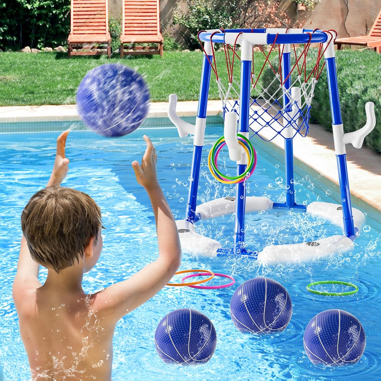 Pool Basketball Hoop Toys for Kids Ages 4-8 8-12 & Adult, Summer Outdoor Swimming Pool Games Water Play Toys Family Party for Kids, 2 in1 Pool Basketball Hoop & Ring Game with 4 Balls 12 Rings & Pump