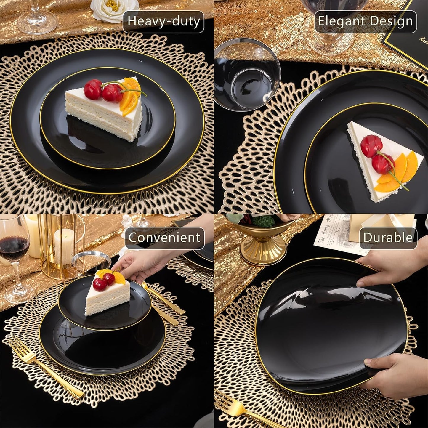 WDF 150PCS Black Plastic Plates - Black and Gold Plates Disposable - 25guest Disposable Dinnerware Sets for Party/Wedding/Halloween/New Year