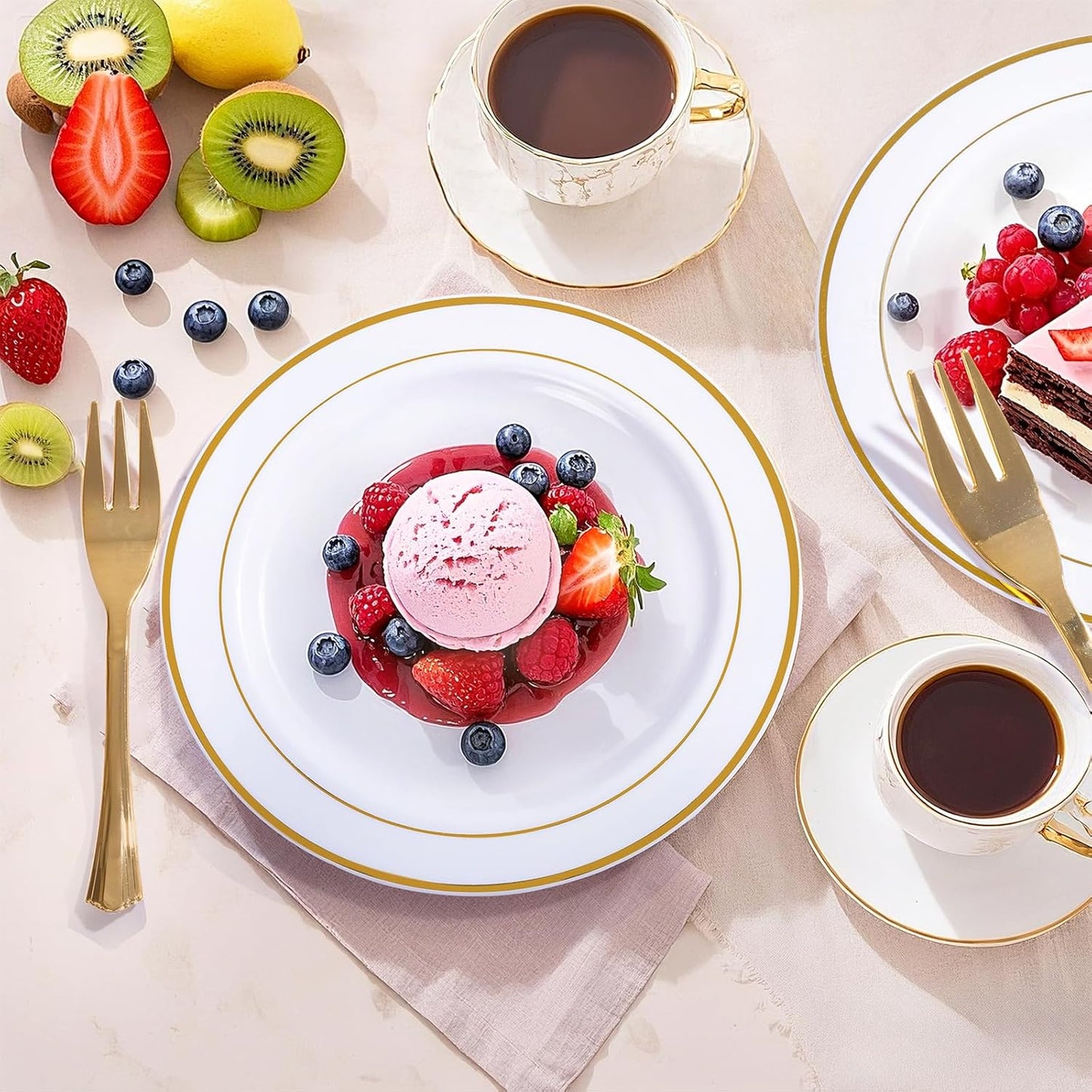 WELLIFE 60 PCS Gold Plastic Dessert Plates and 60 PCS Forks, 6.3 inch Disposable Salad Plates, Premium White Appetizer Plates with Gold Rims, Perfect for Party