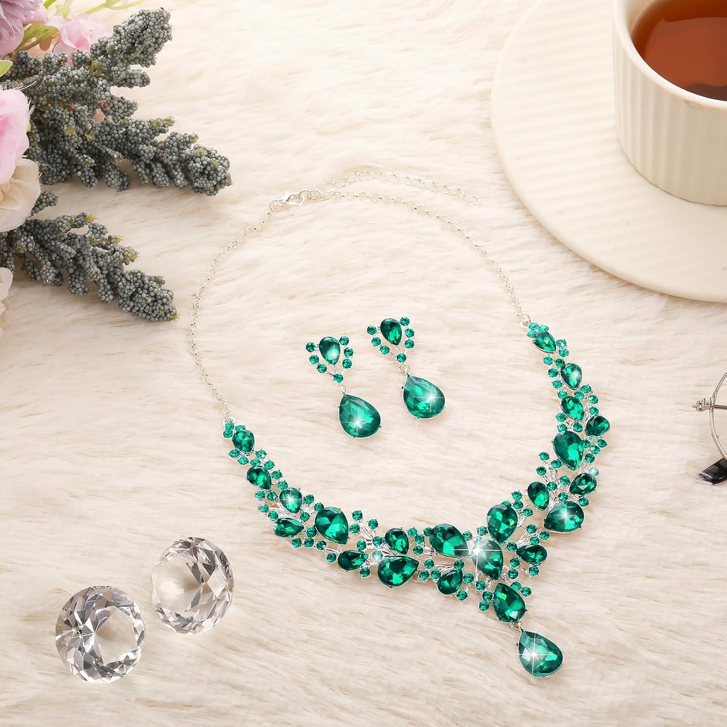 Hicarer Bridal Teardrop Cluster Crystal Jewelry Set for Women Necklace Earrings Wedding