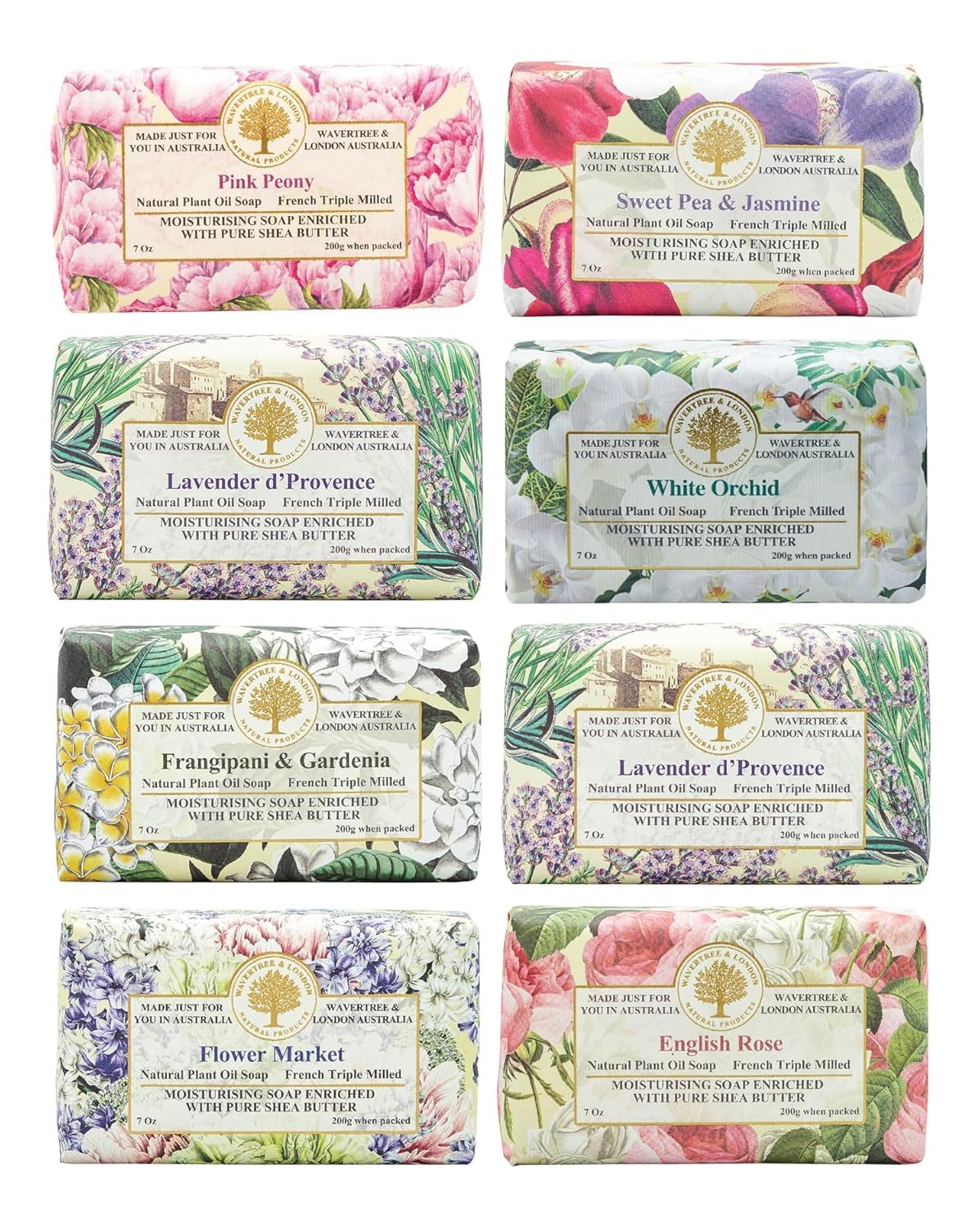 Wavertree & London Assorted Floral Scents Natural Soap Bars (Pack of 8), 7oz Moisturizing Triple Milled Soap Bars Enriched with Shea Butter and Pure Plant Oils | All Body & Bath Soap
