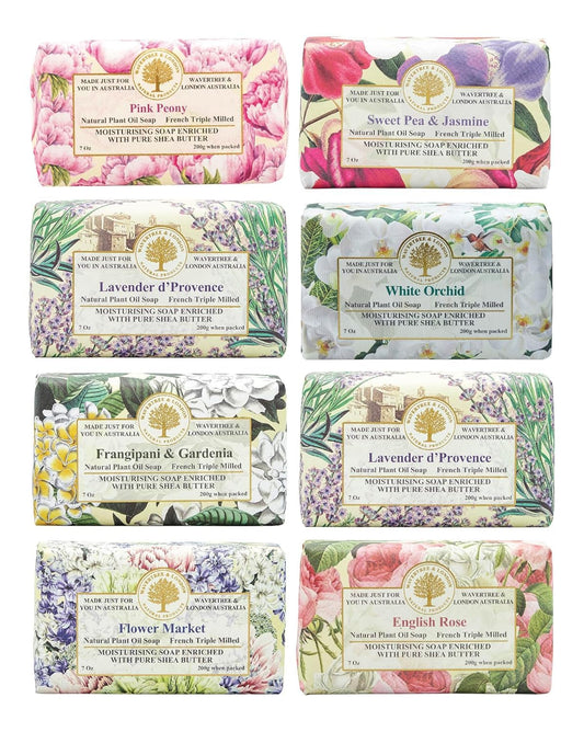Wavertree & London Assorted Floral Scents Natural Soap Bars (Pack of 8), 7oz Moisturizing Triple Milled Soap Bars Enriched with Shea Butter and Pure Plant Oils | All Body & Bath Soap