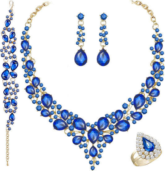 Crystal Bridal Wedding Jewelry Sets for Women Rhinestone Teardrop Crystal Statement Choker Necklace Drop Earrings Link Bracelets Rings Teardrop Jewelry Set for Brides Bridesmaids