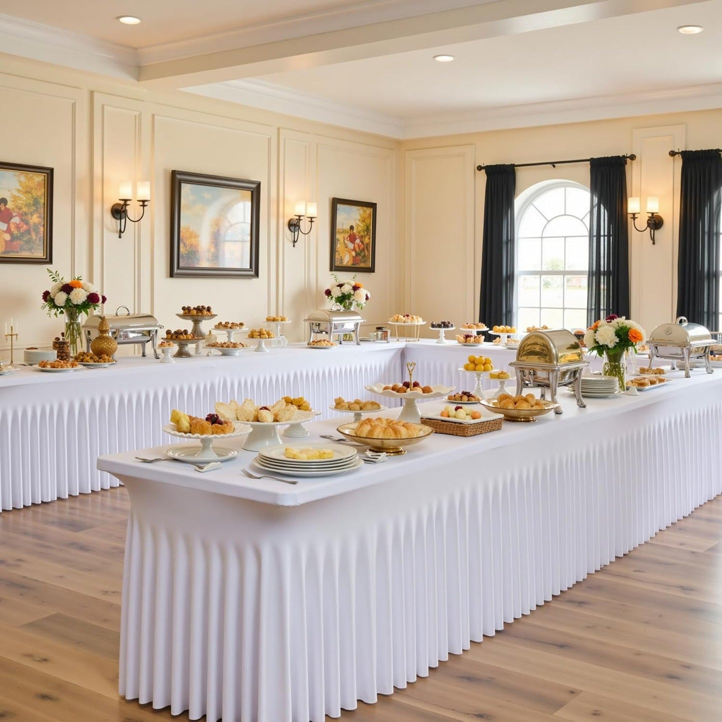 4 Pack Spandex White Tablecloths for 8 Foot Rectangle Tables, Wrinkle Free Fitted Table Cloth 8ft Stretchy Tablecover Desk Skirt for Parties Weddings Birthday Banquet Baby Shower