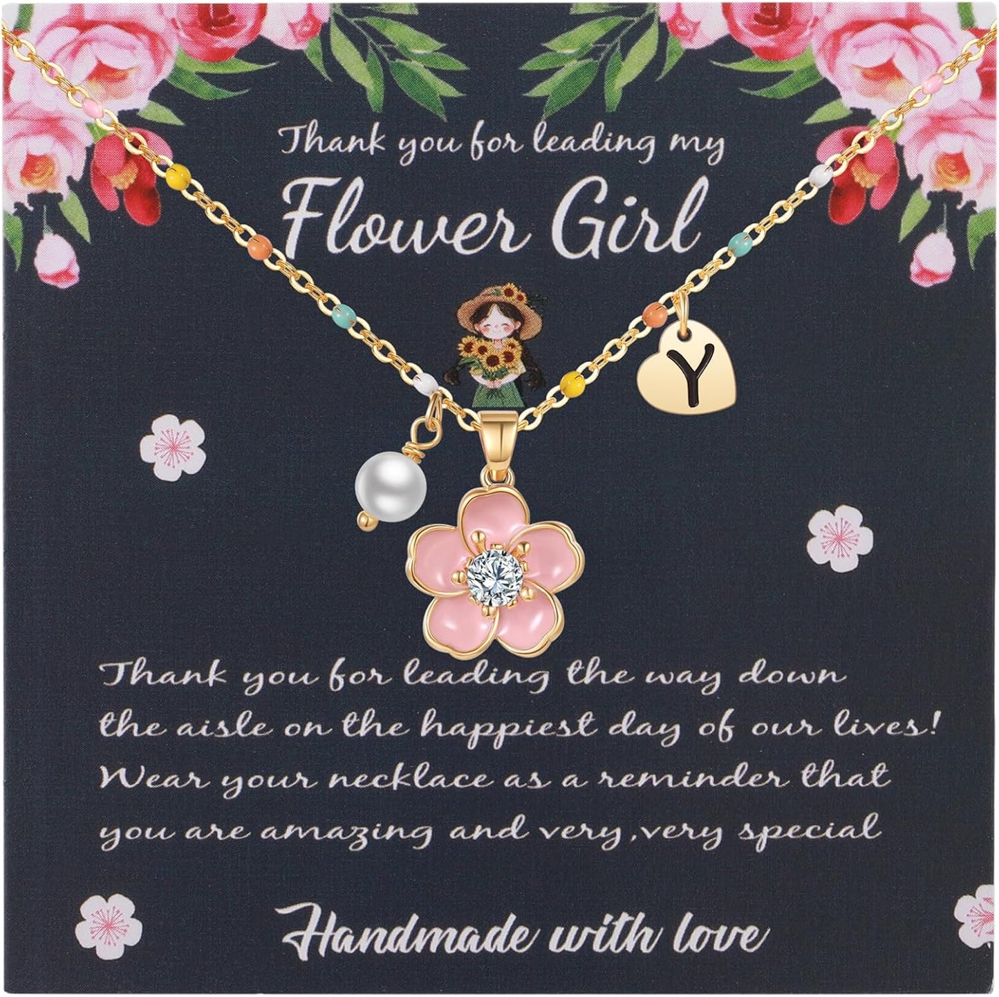 DS Flower Girl Necklace Gifts |Heart Initial Letter Flower Necklaces with Pearl Charm for Women | Personalized Wedding Proposal Bridal Shower Party Jewelry Gift | 18K Gold Plated Stainless Steel