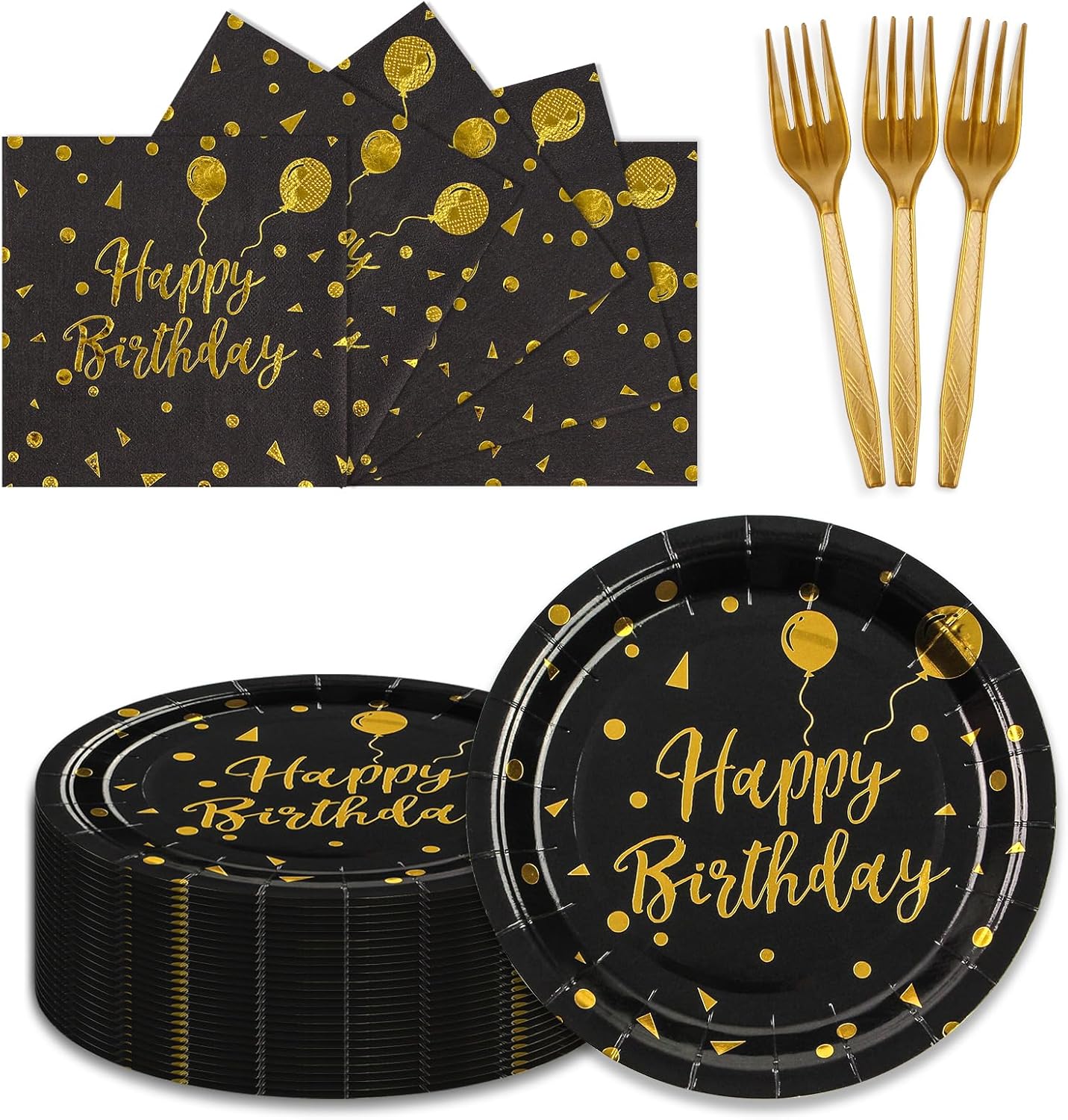 150PCS Happy Birthday Paper Plates and Napkins - 7 Inch Black Gold Dot Paper Plates and 6.5 Inch Napkins with 6.3 Inch Gold Forks Disposable Tableware Set for Birthday Party Decorations, Serves 50
