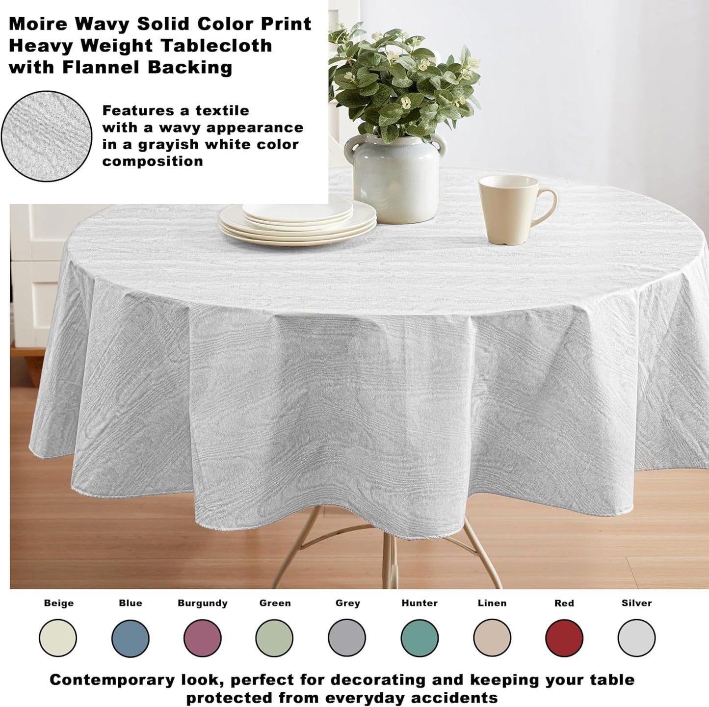 Newbridge Vinyl Flannel Backed Tablecloth, 70 inch Round, Silvery White Moire Wavy Solid Design, Heavyweight Indoor Outdoor Waterproof Table Cover, Easy Care Wipe Clean