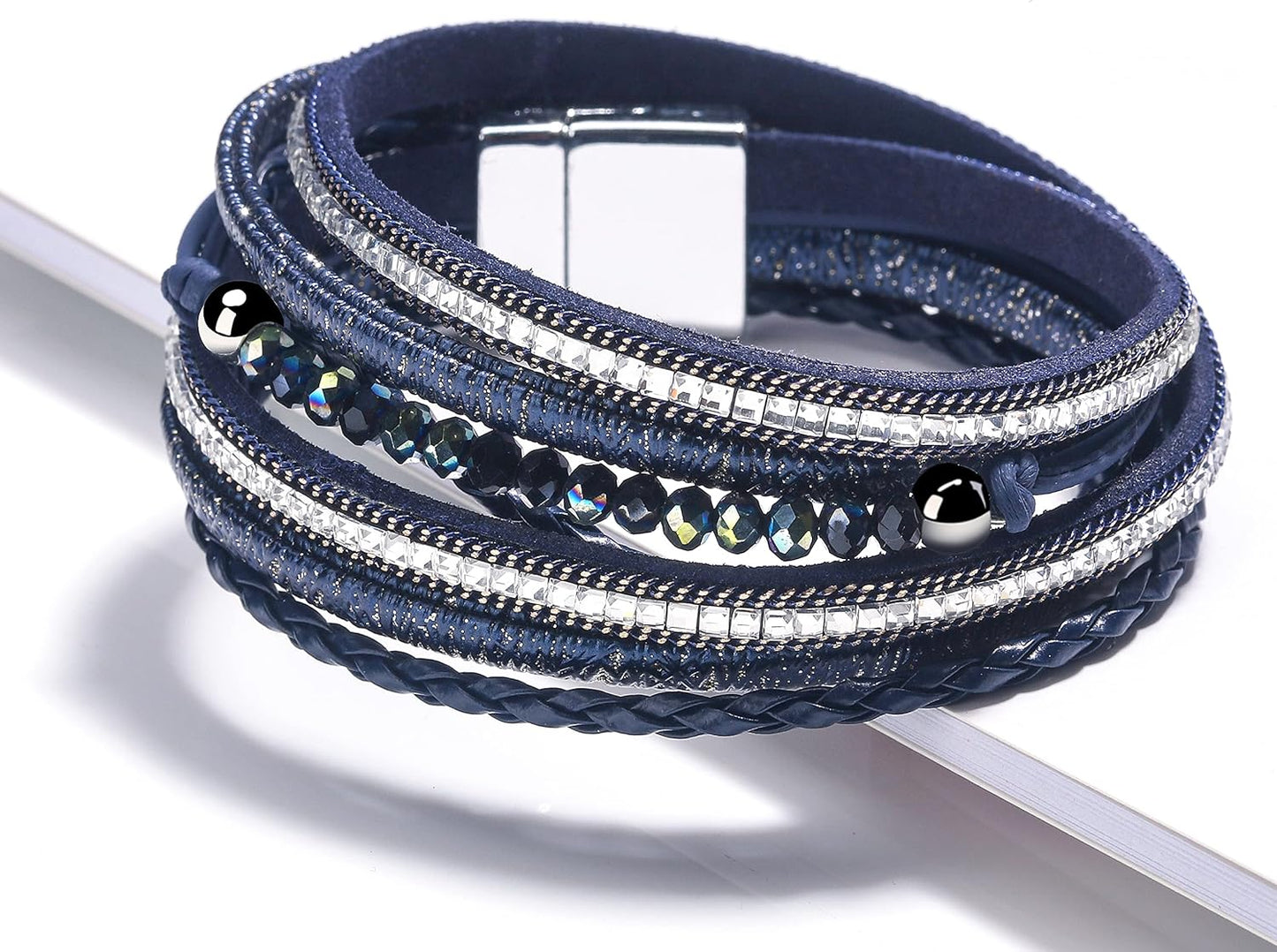 Fesciory Leopard Bracelet for Women, Boho Leather Wrap Multi-Layer Pearl Crystal Bracelet Bangle Jewelry