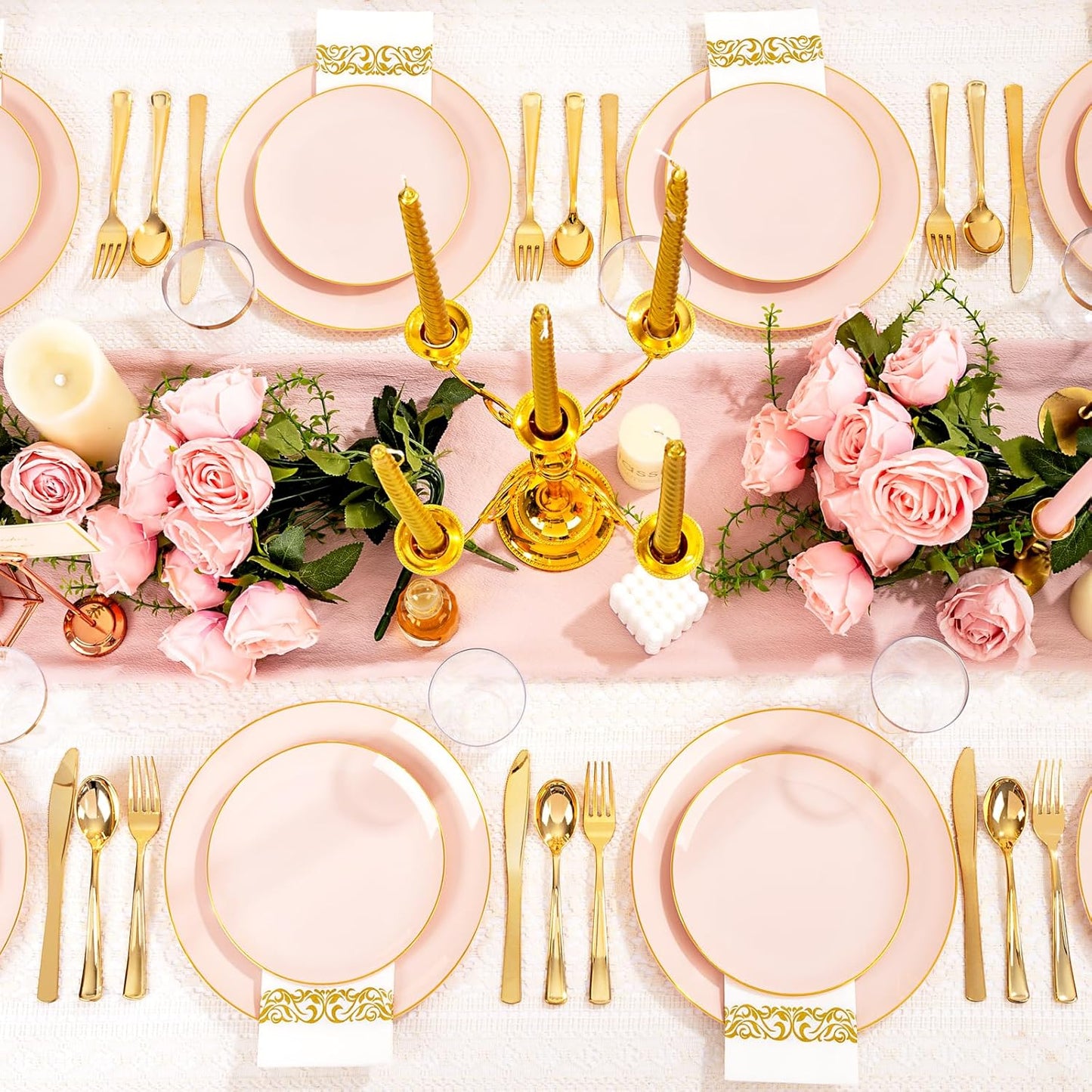 YOUBET 175PCS Pink Plastic Plates - Pink and Gold Disposable Plates Include 50 Plastic Plate, 75 Silverware, 25 Cups, 25 Napkins for Wedding & Party & Birthday