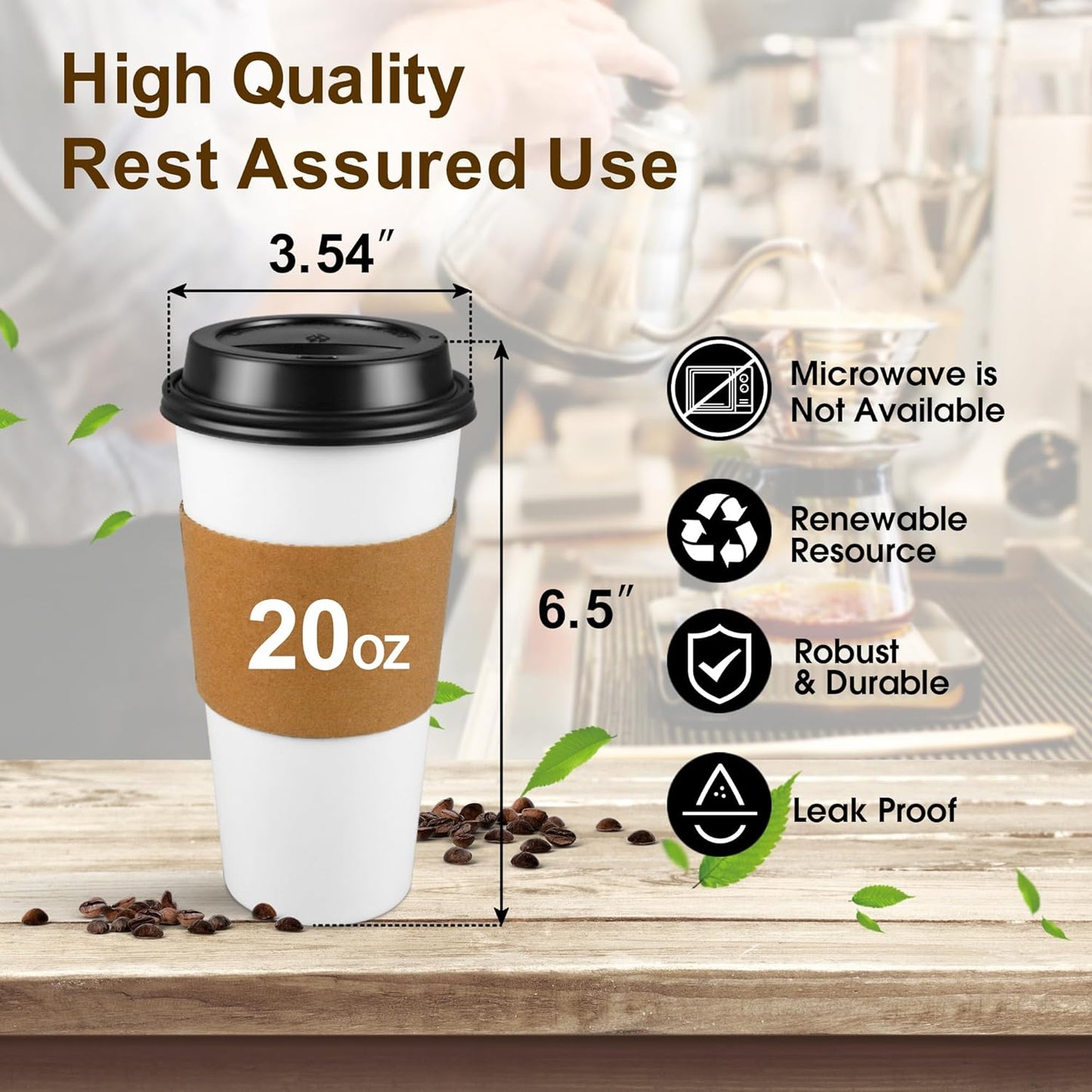Ginkgo 100 Pack 20 oz Disposable Paper Coffee Cups with Lids and Sleeves, To Go Hot Coffee Cups for Hot Chocolate, Cocoa, Tea and Drinks