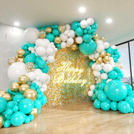 Teal Balloon Arch Kit, ADOINBY 140Pcs Turquoise Teal White Metallic Gold Confetti Latex Balloons 18 12 10 5 Inch Different Size Balloons for Birthday Anniversary Baby Shower Wedding Party Decorations