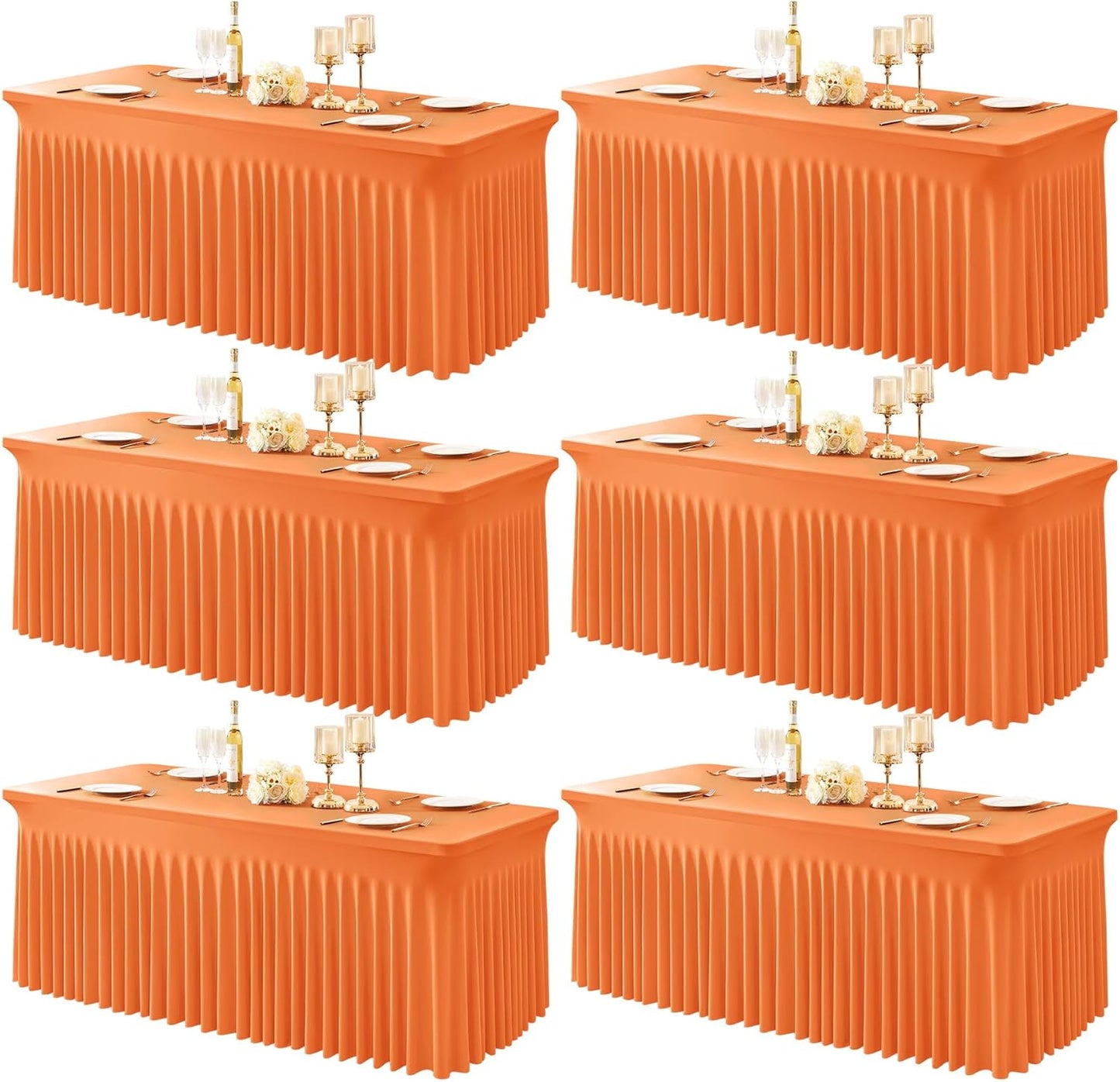 6 Packs Orange Table Clothes for 8 Foot Rectangle Tables, One-Piece Wrinkle Resistant Stretch Spandex Table Covers with Skirt for Event Banquet Wedding Birthday Party