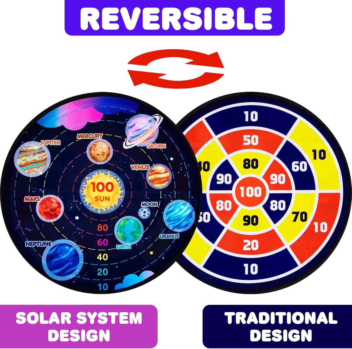 Gamie Large Reversible Dartboard for Kids - Velcro Dart Board with 12 Balls, 6 Darts, and 2 Hanging Hooks - Kids Outdoor Games and Activities for Party - Boys Gifts Ages 3-12