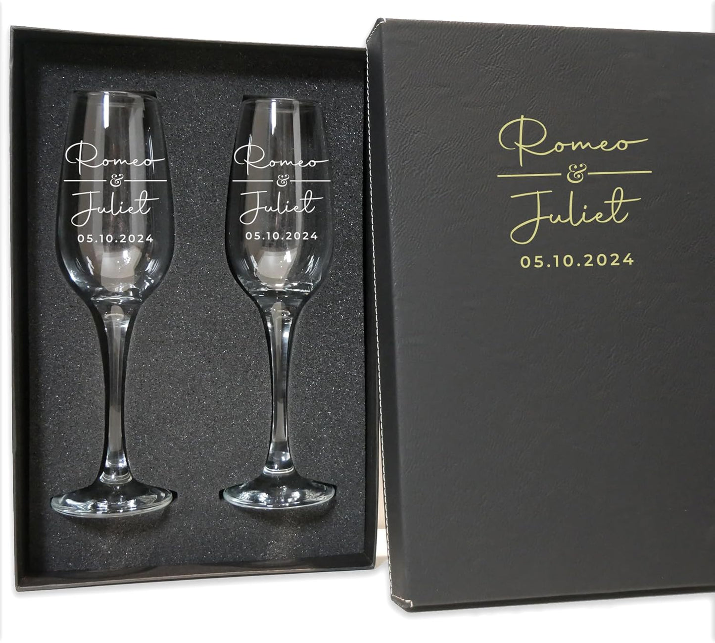 Personalized Champagne Flutes - Set of 2 - Custom Wedding Glasses - Bride & Groom Wedding Gifts for Mr & Mrs - Engagement, Bridal Shower, Anniversary, Gift for Couple - Valentines Day Gift - 6 Designs