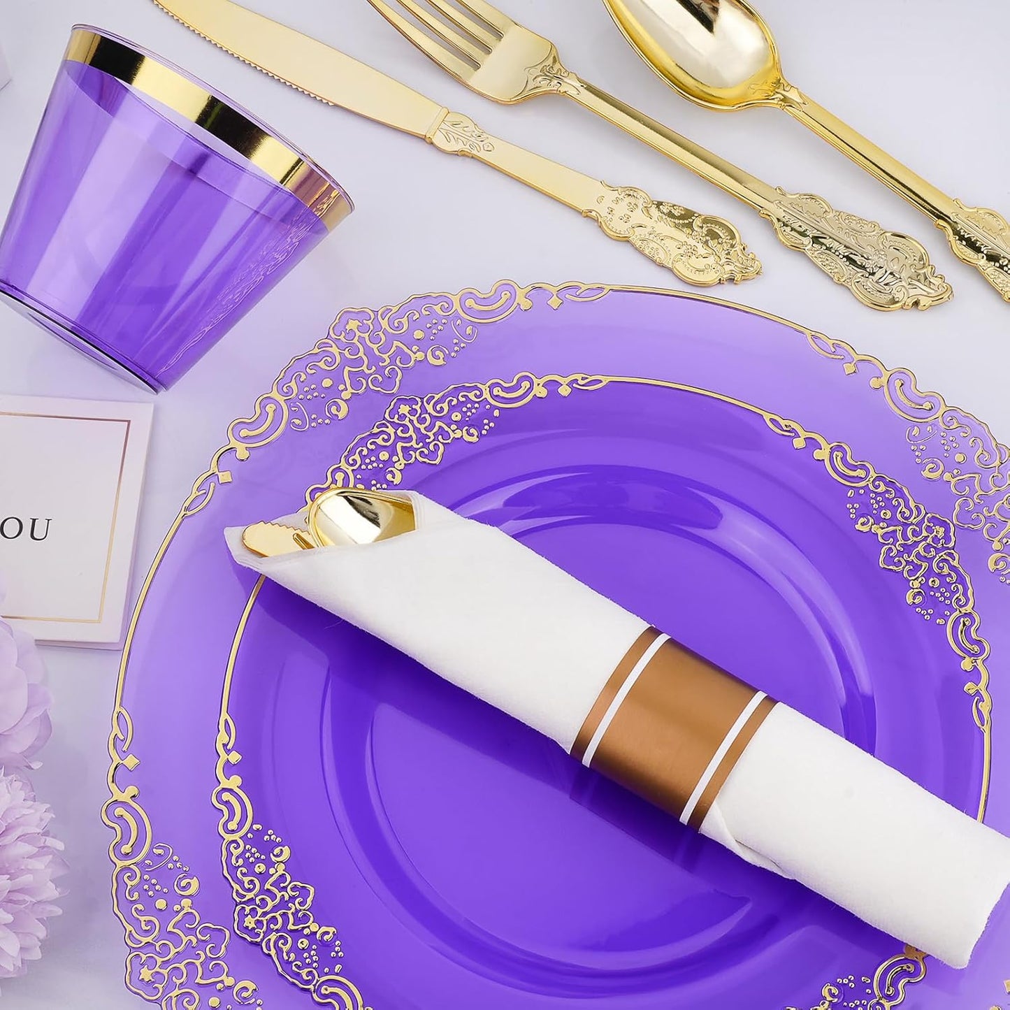 350 PCS Purple and Gold Plastic Plates, Disposable Dinnerware Set for 50 Guests, 100 Disposable Plates, 150 Silverwares, 50 Cups, 50 Napkins for Party, Wedding, Graduation