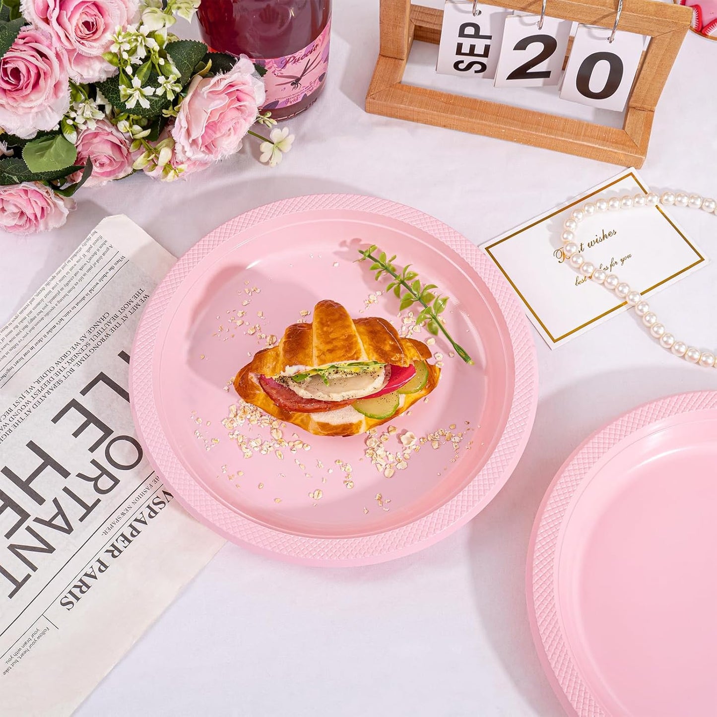 WELLIFE Pink Plastic Plates 10 Inch -150 Count for Party, Disposable Plastic Party Plates for Easter Mother's Day Baby Shower Dinner Dessert Cake Light Pink