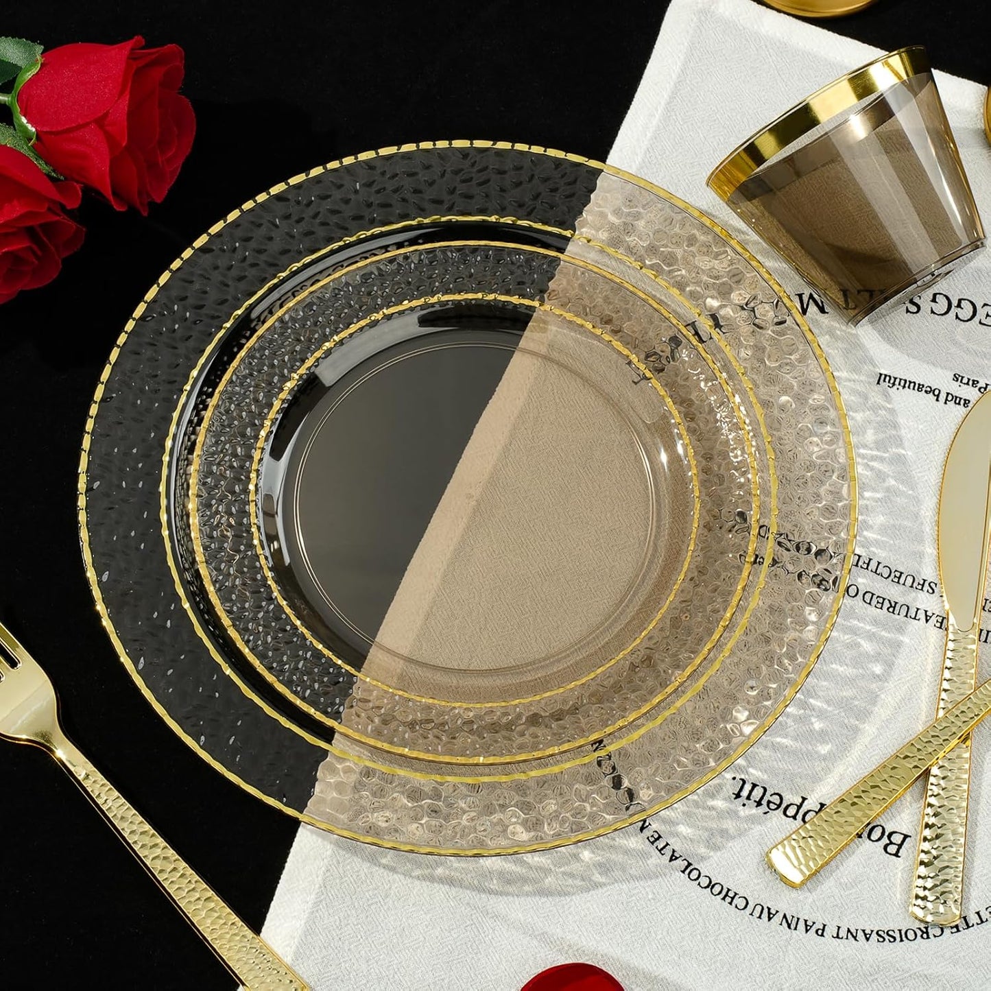 350PCS Clear Black Plastic Plates for 50 Guests, Disposable Dinnerware Set for Party and Graduation, Includes 100 Plastic Plates, 50 Pre Rolled Napkins with Gold Silverware, 50 Cups