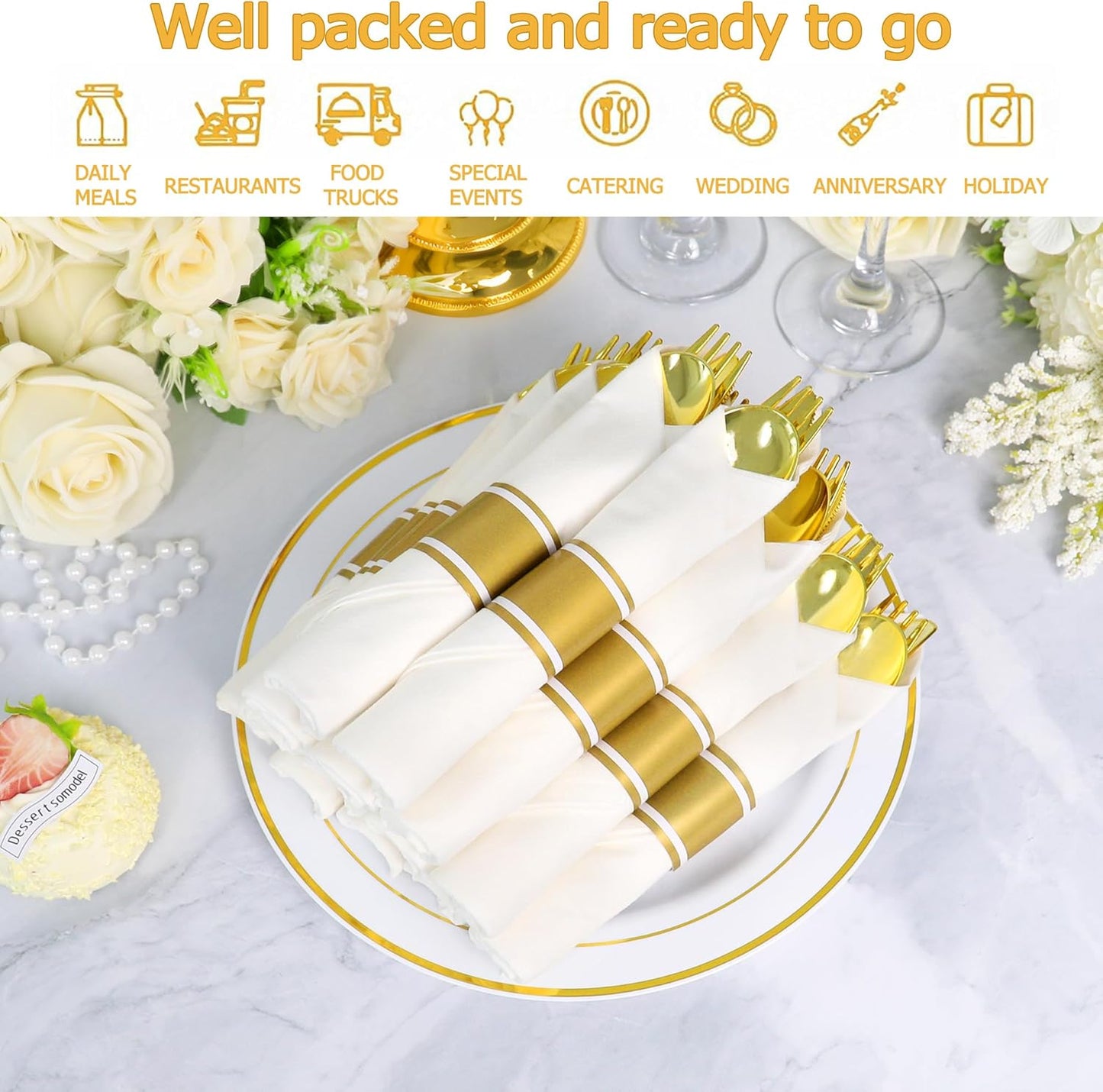200 Pack Pre Rolled Gold Plastic Silverware Set,Wrapped Plastic Cutlery Set with Napkin Include 200 Forks,200 Spoons,200 Knives and 200 White Napkins for Party,Wedding