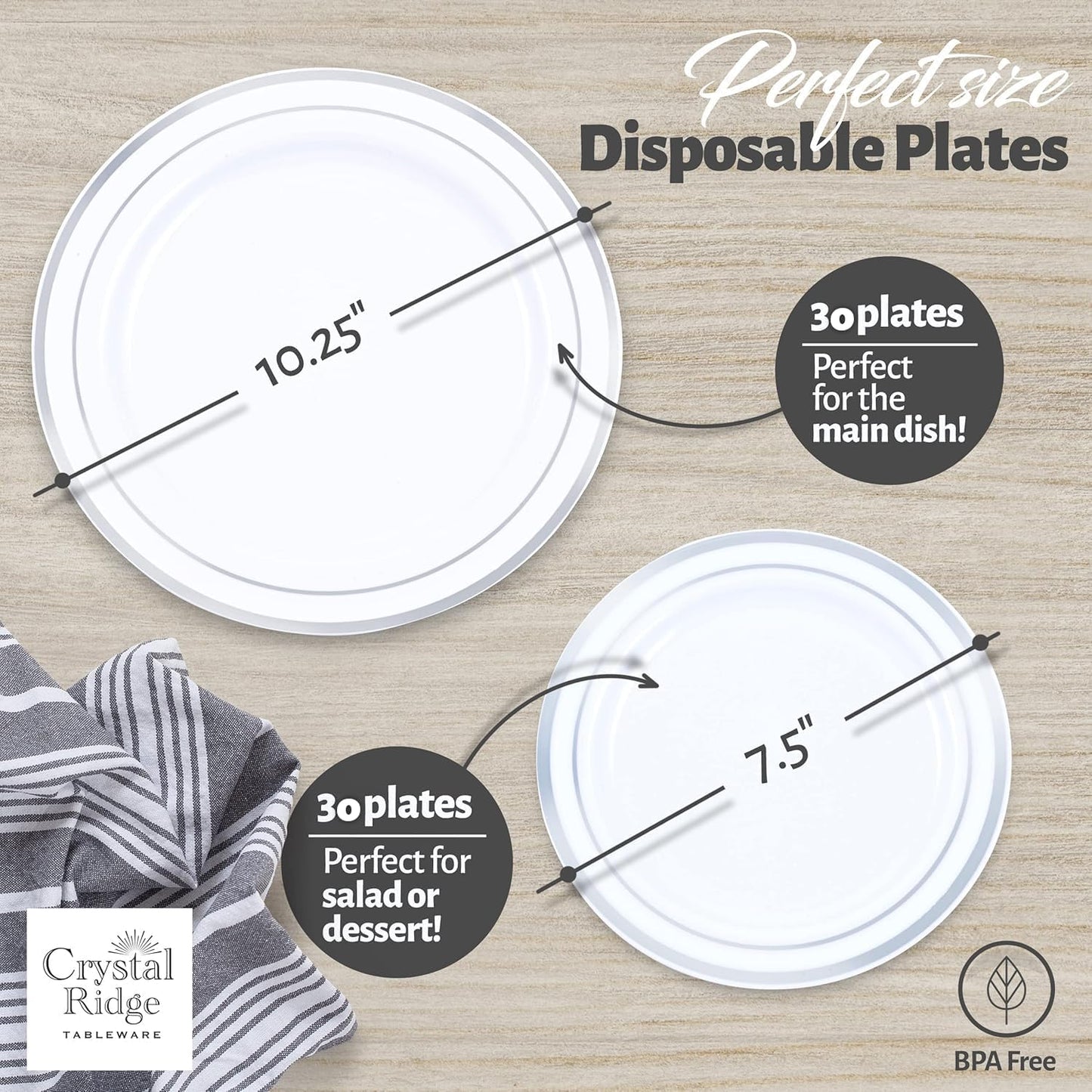 60 Pieces White Plastic Disposable Plates - Premium Heavy-Duty 30 Dinner Plates & 30 Salad Plates with Silver Rim Ideal for Party, Birthday and Special Events