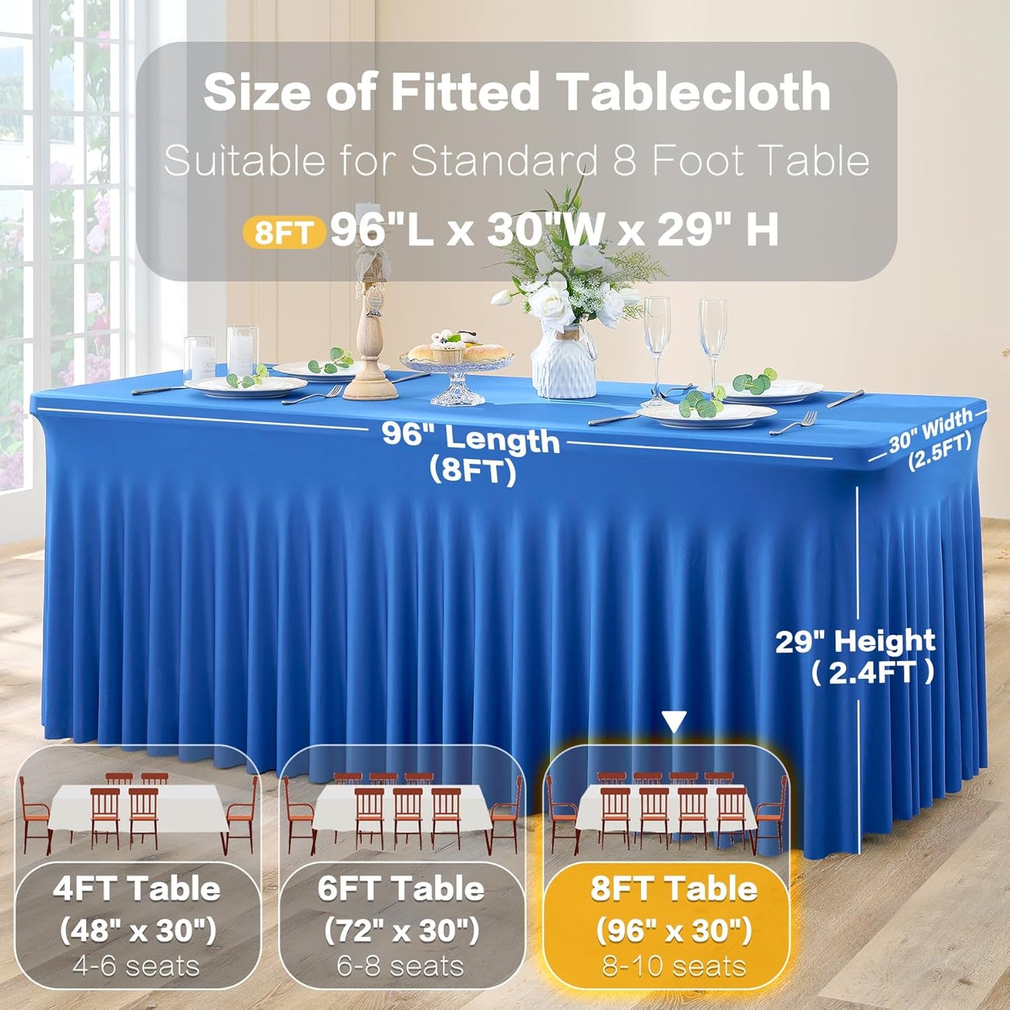 4 Pack Spandex Royal Blue Tablecloths for 8 Foot Rectangle Tables, Wrinkle Free Fitted Table Cloth 8ft Blue Stretchy Tablecover Skirt for Parties Weddings Birthday Banquet Baby Shower