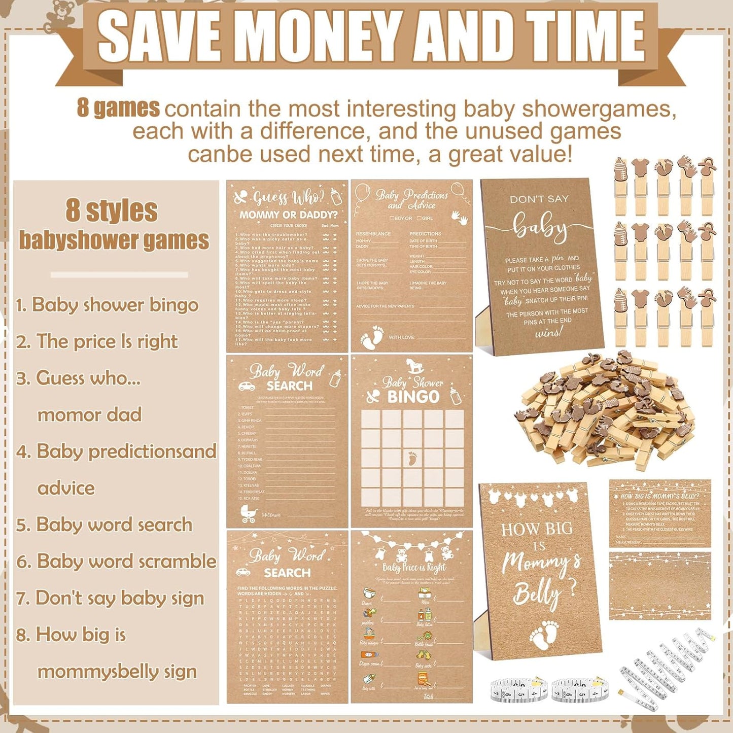 426 Pcs Kraft Baby Shower Games Set-8 Games, Includes Baby Shower Bingo, Price is Right, Guess Who, Word Scramble, Prediction and Advice, How Big is Mommy's Belly, Don't Say The Words