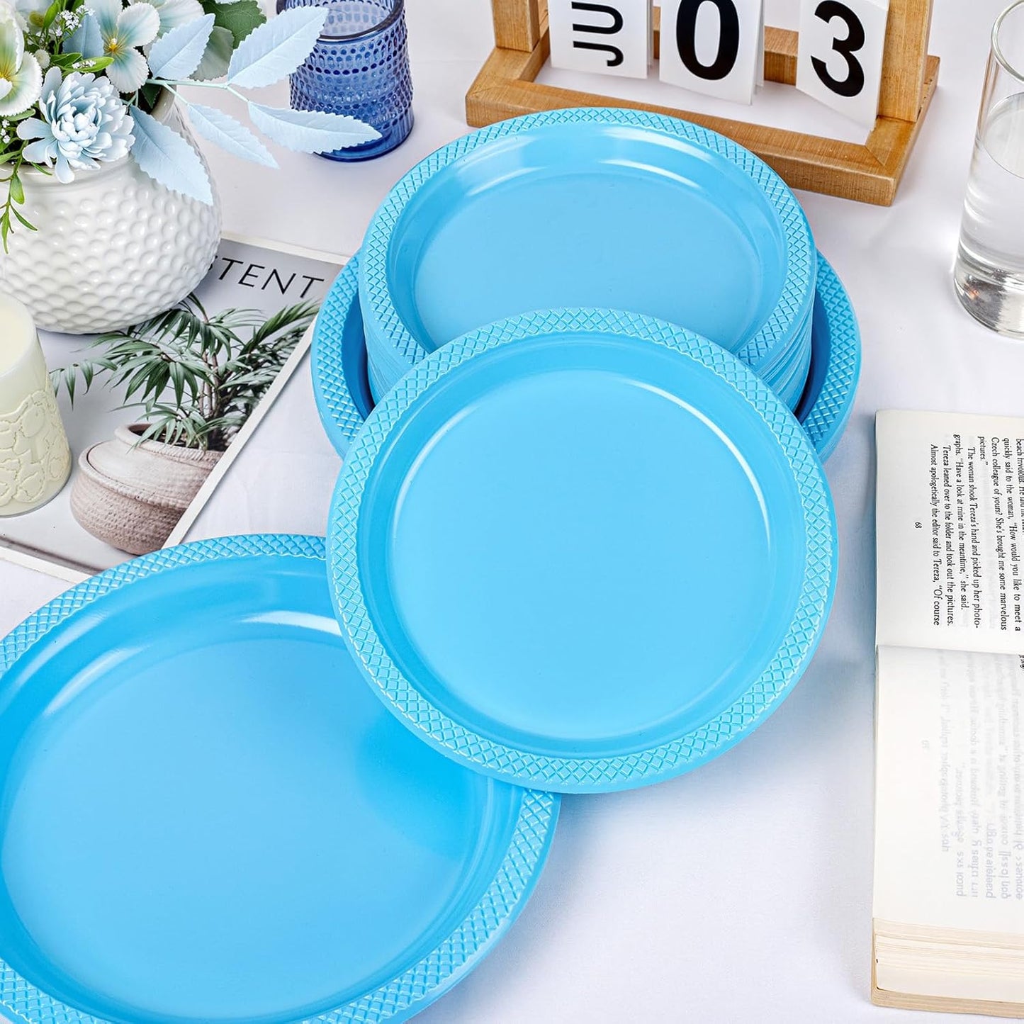 WELLIFE 9 Inch Plastic Plates Light Blue 50 Count Disposable Plate for Party, Dessert Plates for Dinner Cake Salad Supplies Birthday