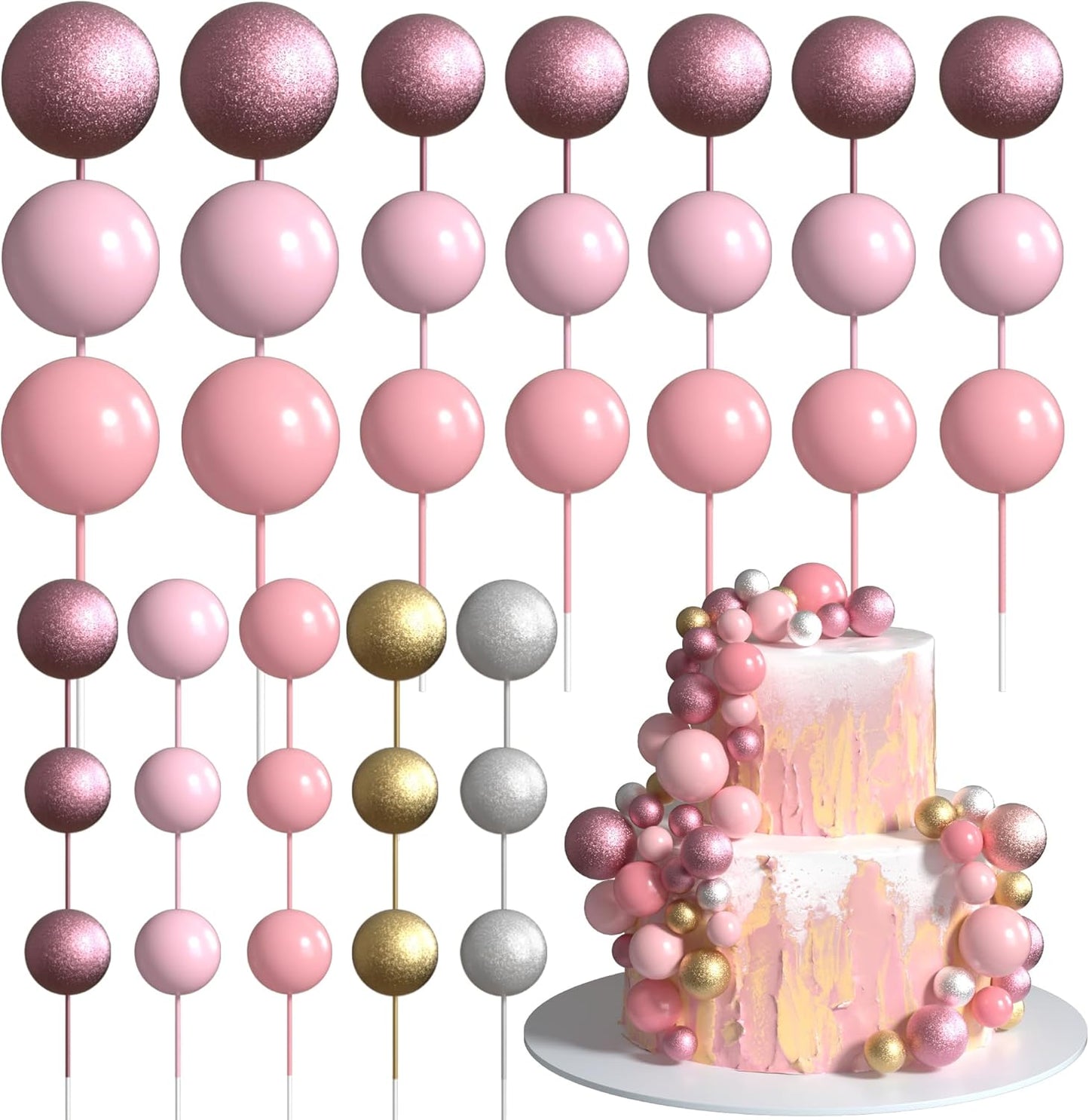 36 Pack Balls Cake Topper Decorations Foam Balloons Cake Decorations Mini Balloons Cake Toppers Balls Cake Picks for Baby Shower Wedding Anniversary Birthday Party Decorations Glitter Pink Gold Silver