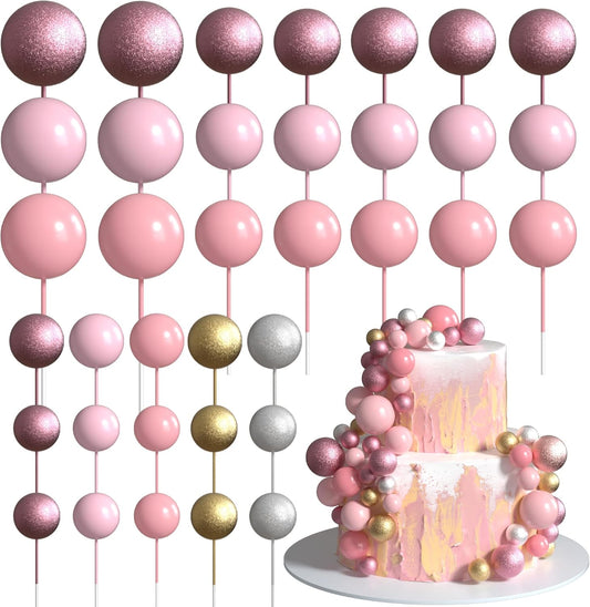 36 Pack Balls Cake Topper Decorations Foam Balloons Cake Decorations Mini Balloons Cake Toppers Balls Cake Picks for Baby Shower Wedding Anniversary Birthday Party Decorations Glitter Pink Gold Silver