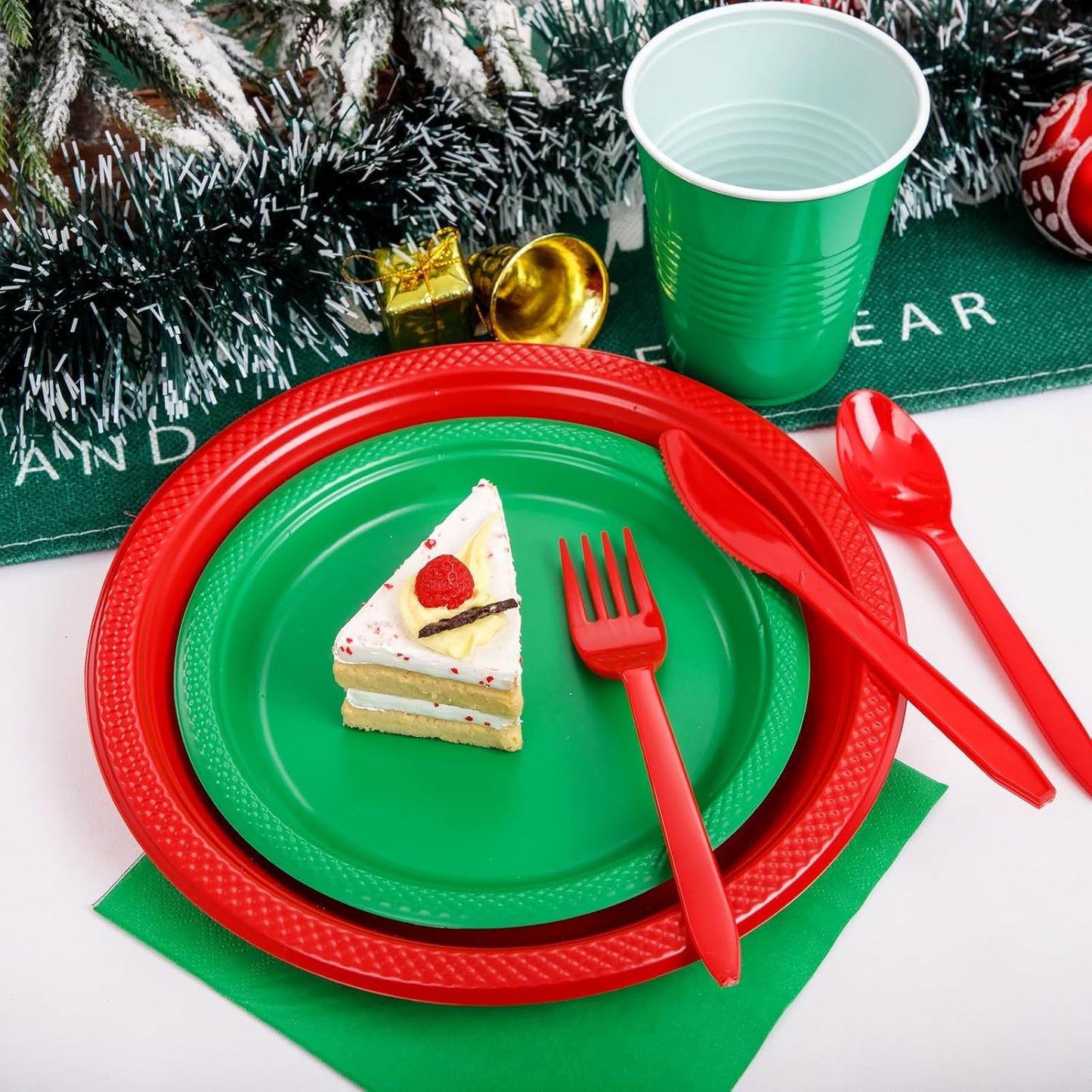 WELLIFE 210Pcs Chrastmas Plates Disposable,Red and Green Plastic Plates,Including red Dinner Plates,Green Dessert Plates, Red Plastic Cutlery, 12OZ green Cups and Napkins,Serve 30 Guests for Chrastmas